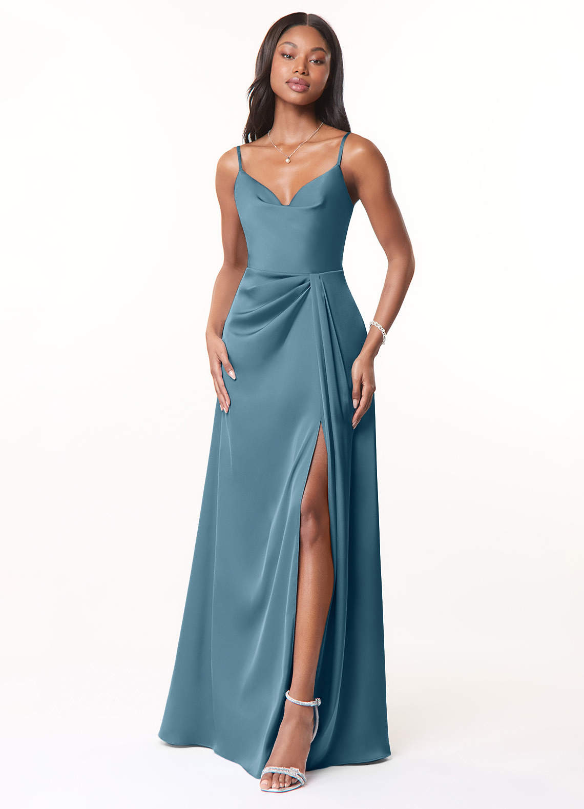 a line spaghetti strap satin dress The Moira | Olive Formal Dress A-Line Spaghetti Straps Satin Maxi Dress with Slit | Chiclody CHICLODY