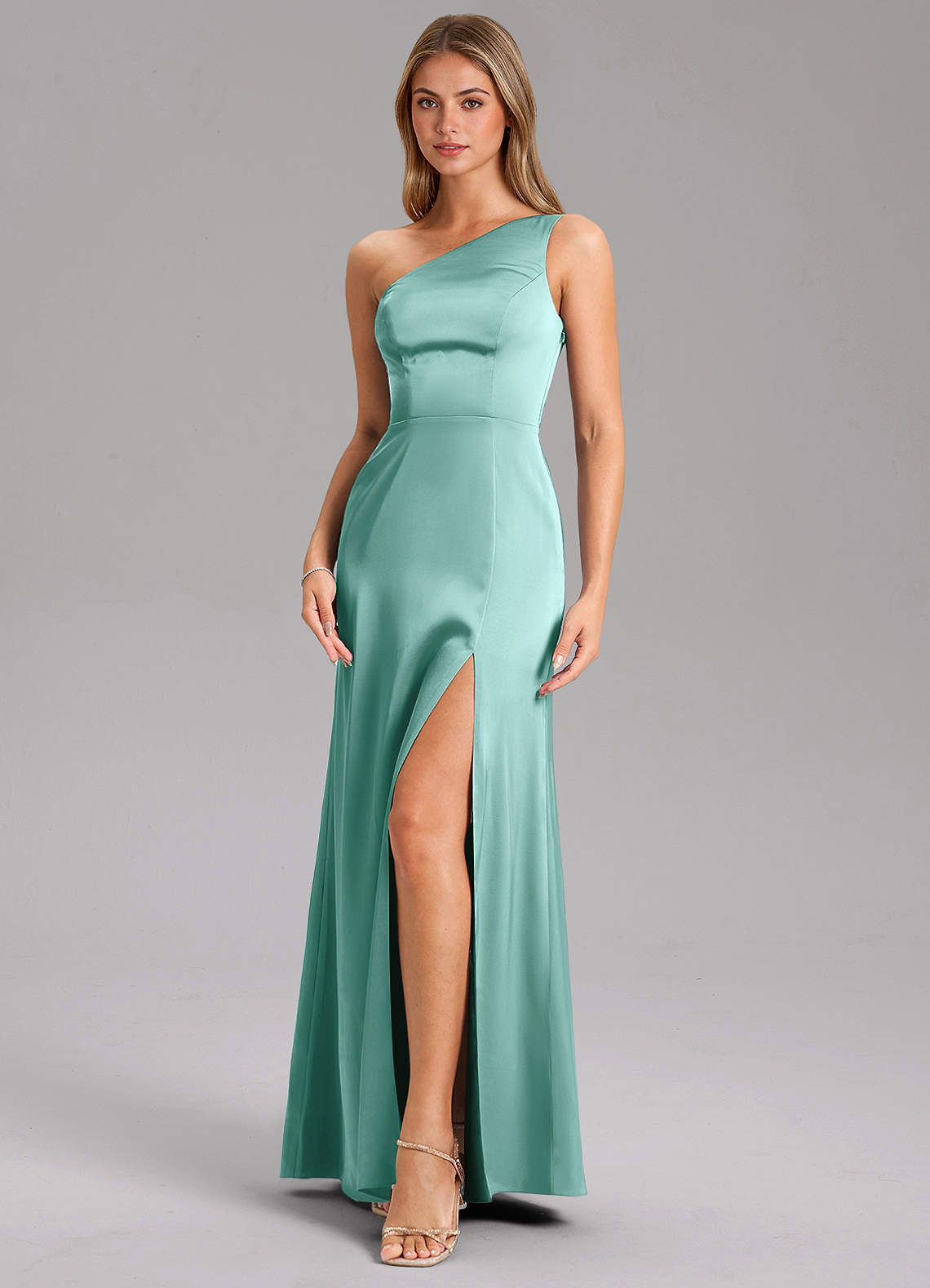 Azazie Feby Vestidos de damas de honor Vestido de Aqua de Satén Elástico de Corte en A con Hombro unilateral image5