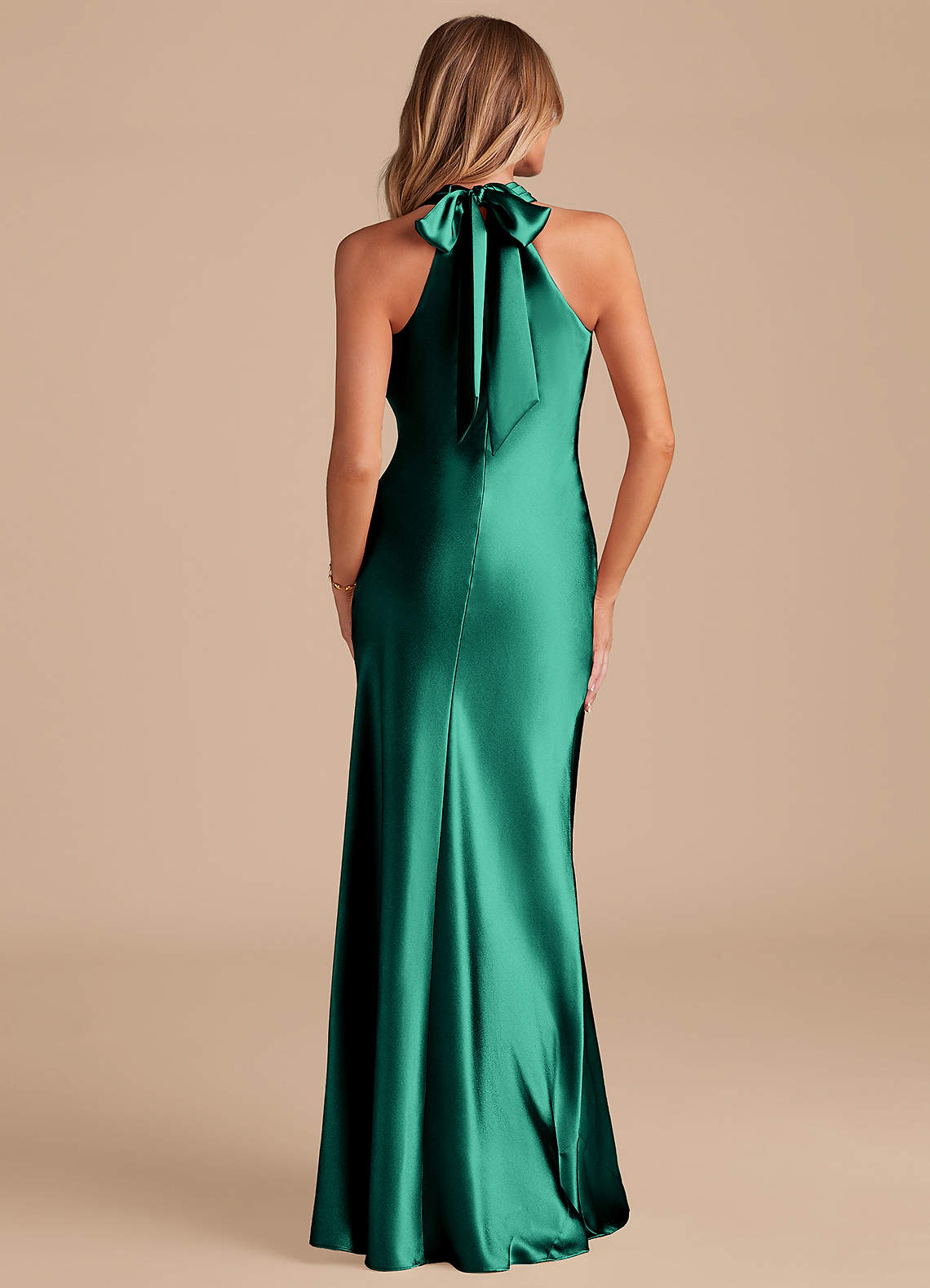 Azazie Doretta At-home Try On Dresses Espresso Mermaid Bow Metallic Satin Dress image5