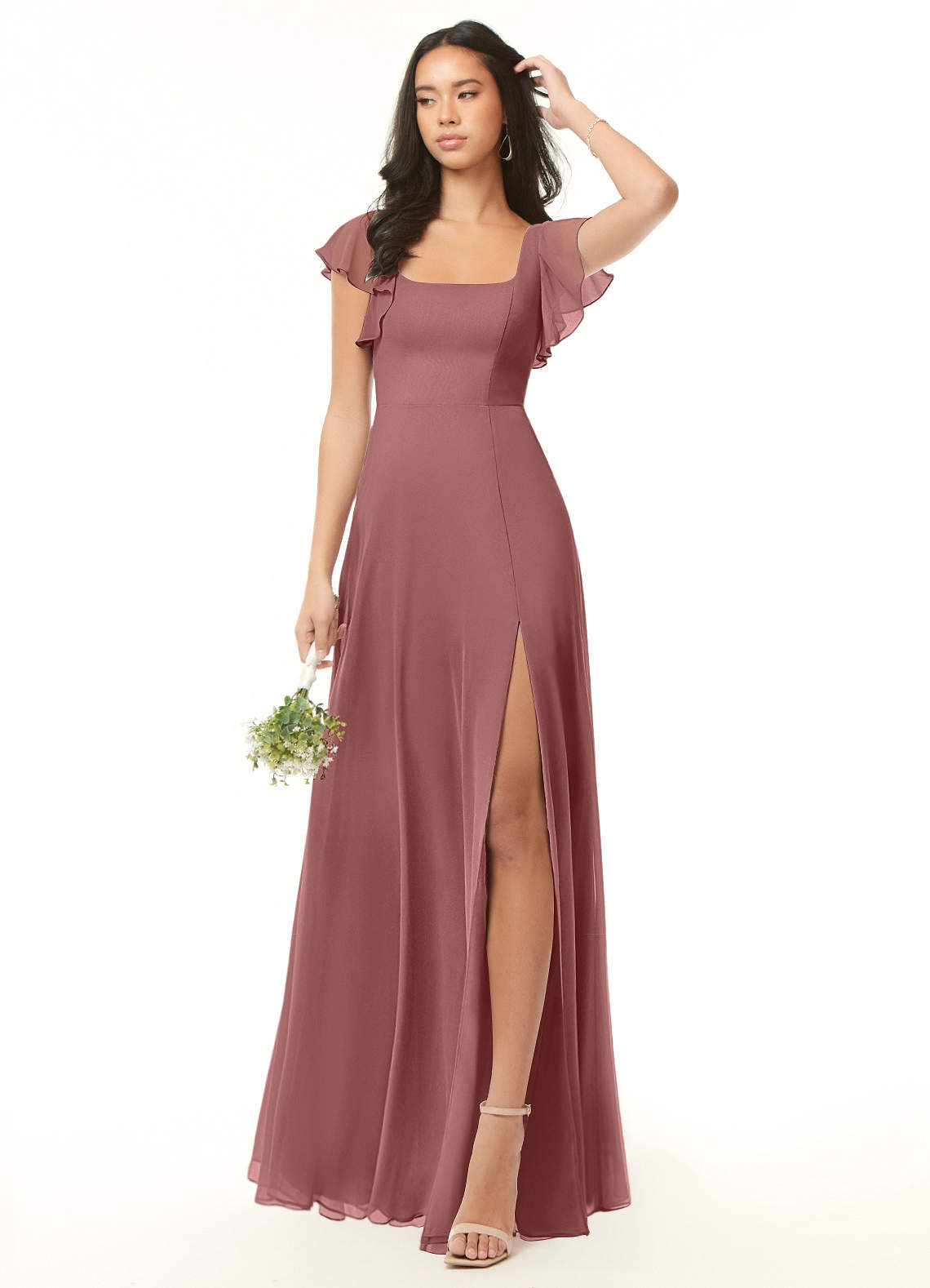 Azazie A-Line Square Neck Floor-Length Chiffon Bridesmaid Dresses - Desert Rose