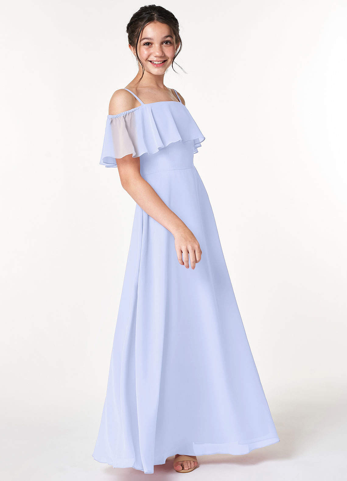 Azazie Maggie A-Line Off the Shoulder Chiffon Floor-Length Junior Bridesmaid Dress image1