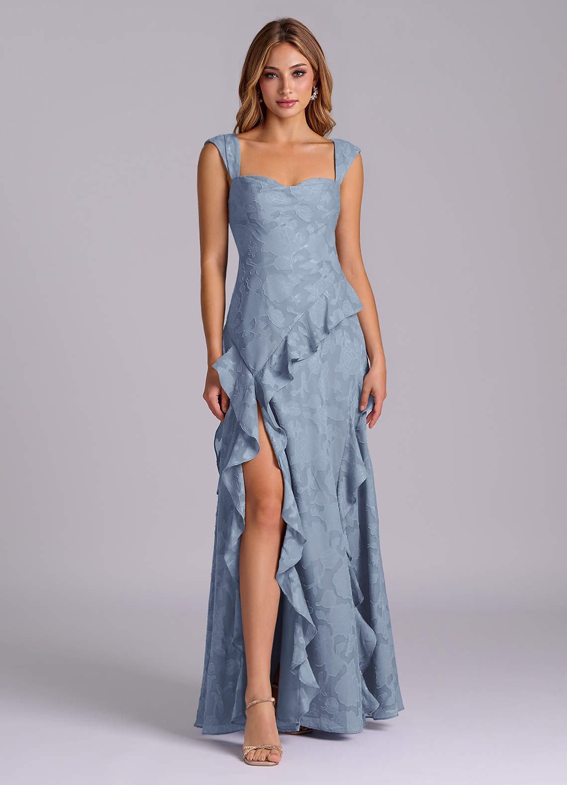 Azazie Sloane Abiti da Damigella Abito A-Line in Burnout Floreale Scollo a Cuore Blu Polveroso image1