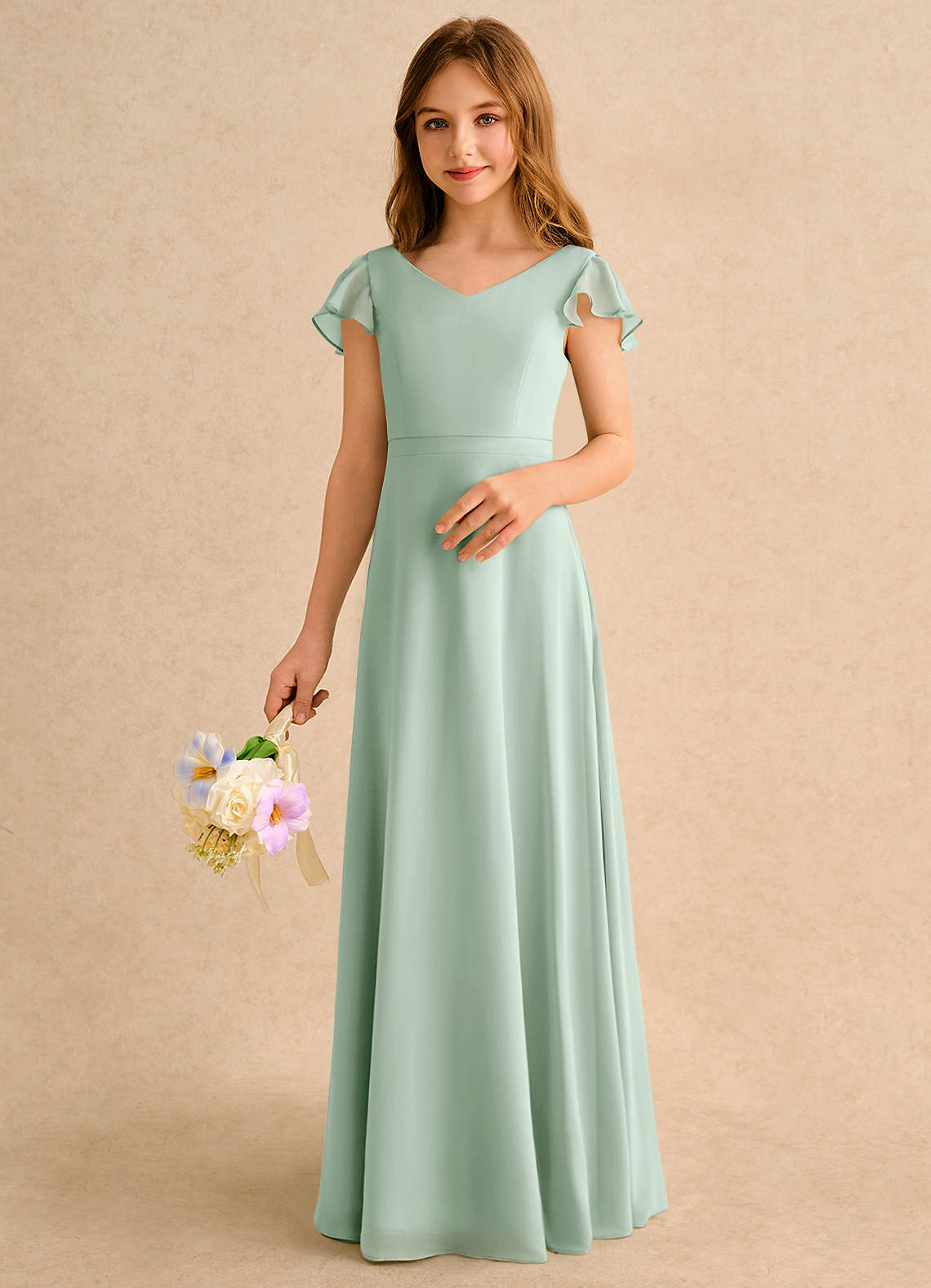 Azazie Nari Girls Formal Vestidos de florista Vestido Agave de Chiffon de Linha A com com Mangas image3