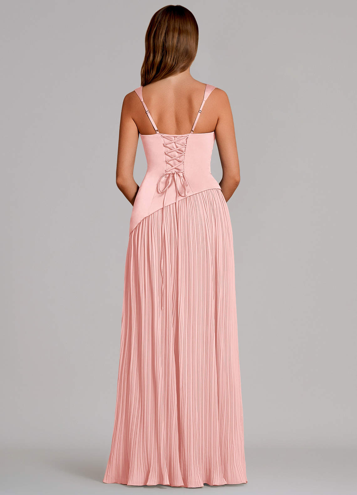 Azazie Stephanie Vestidos de damas de honor Vestido de Rosa Empolvado de Satén Elástico de Corte en A con Plisado image4