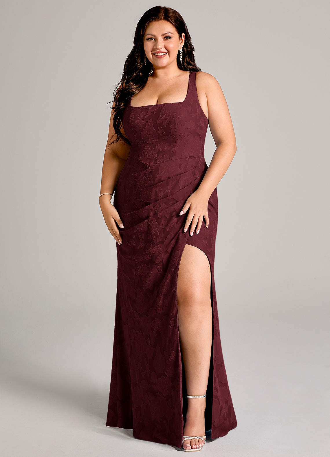 Azazie Mero Bridesmaid Dresses Cabernet Sheath Pleated Floral Burnout Dress image1