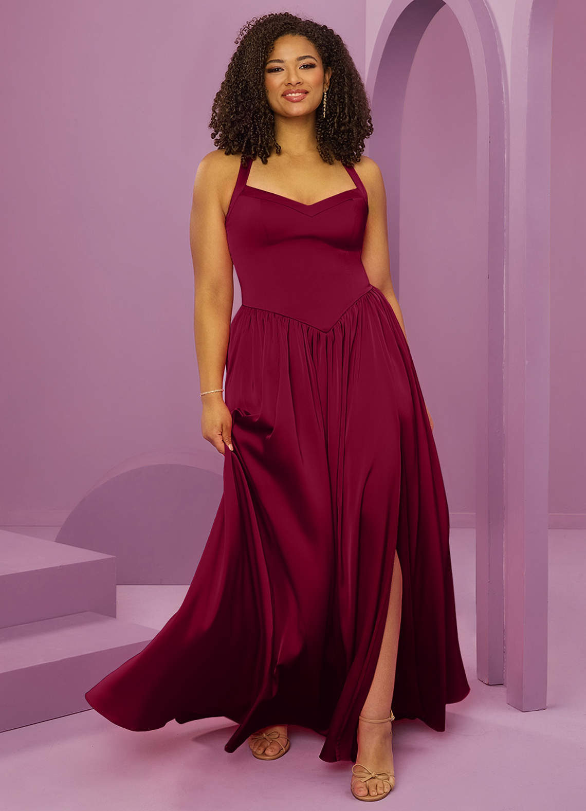 Barbie ♥ Azazie Bridesmaid Dresses Burgundy A-Line with Pockets Stretch Satin Dress image9