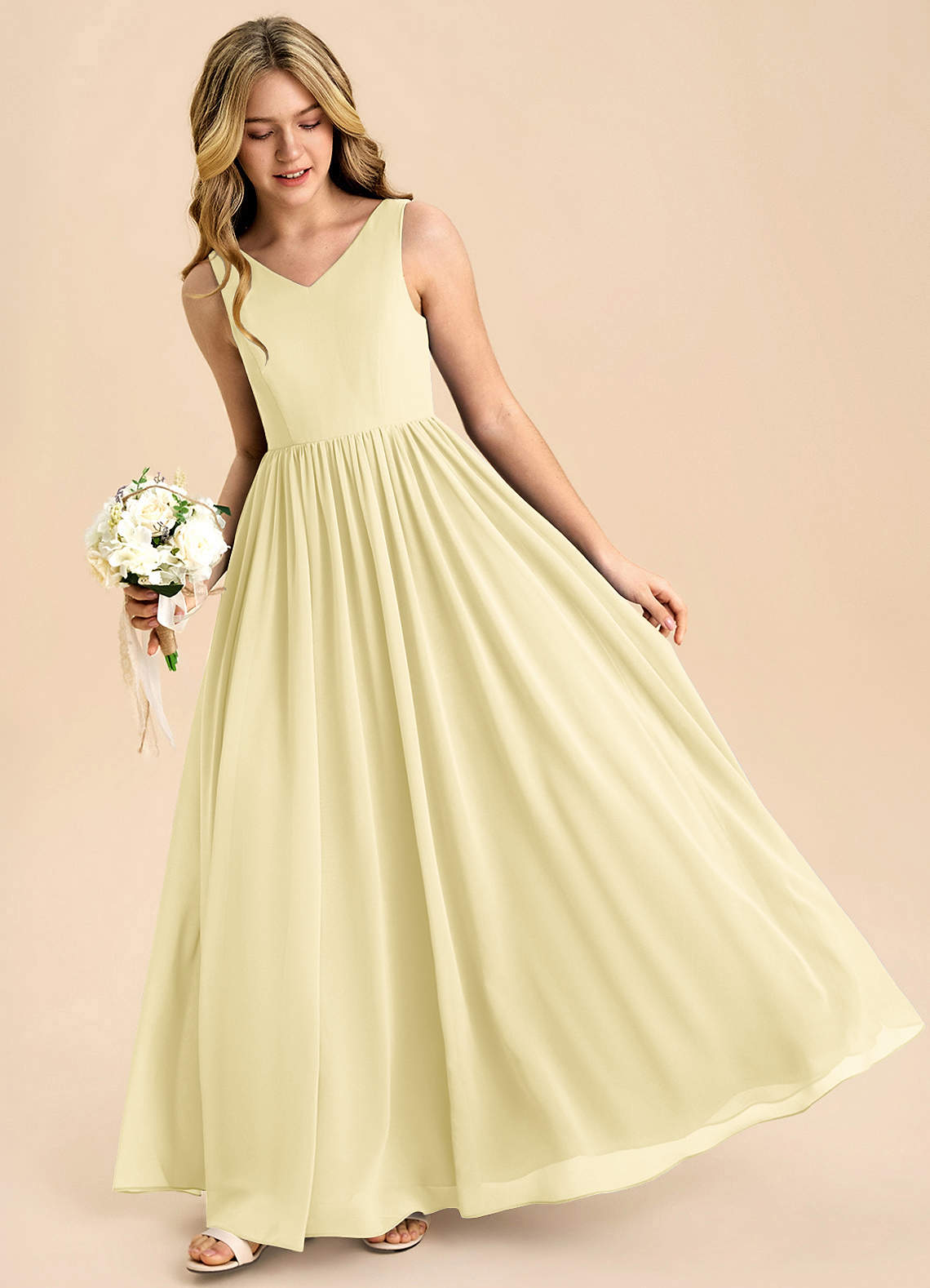 Azazie Hathaway Junior Lemon Sorbet A-Line Bow Chiffon Dress image3