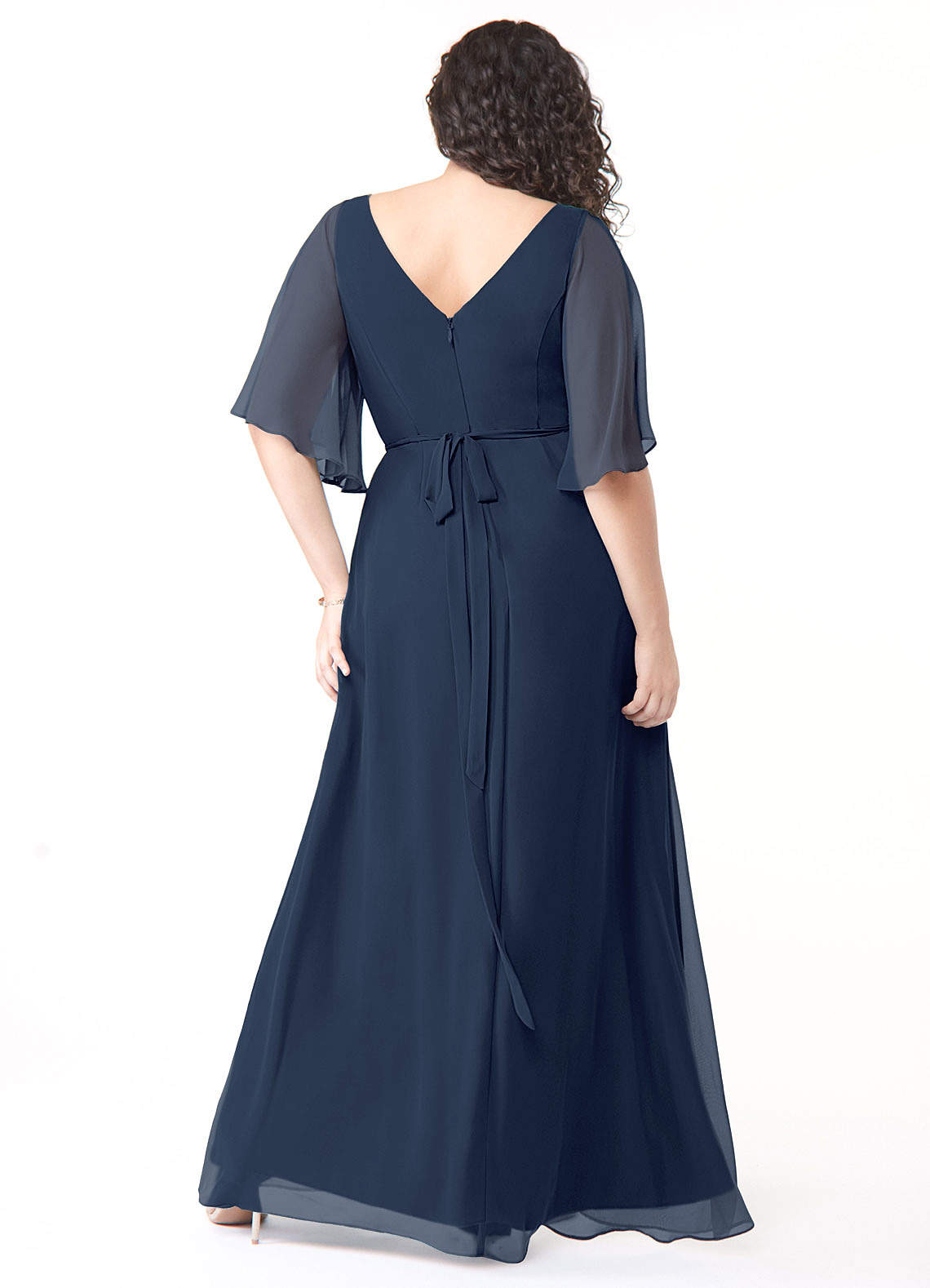 blue dress for baby girl CurveWow Long Pleat Sleeve Wrap Dress Plain Navy – Curvewow main image 1