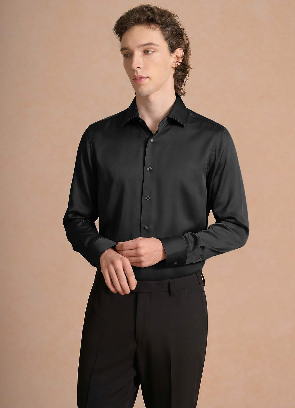 front Julian Black Stretch Satin Dress Shirt