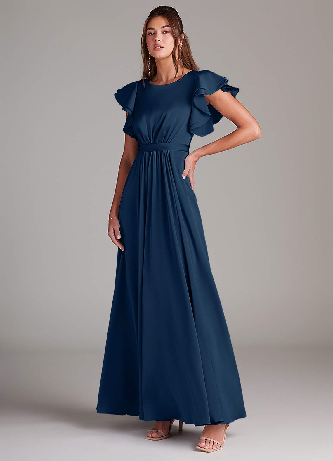 Azazie Daphne Modest Bridesmaid Dresses A-Line Ruched Stretch Satin Floor-Length Dress image3