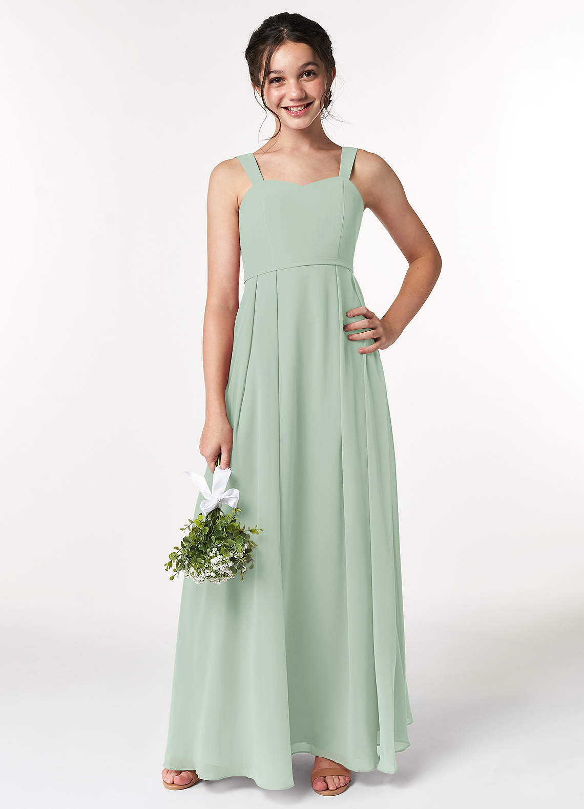 Azazie Simoan Junior Abito A-Line in Chiffon Scollo a Cuore Agave image1