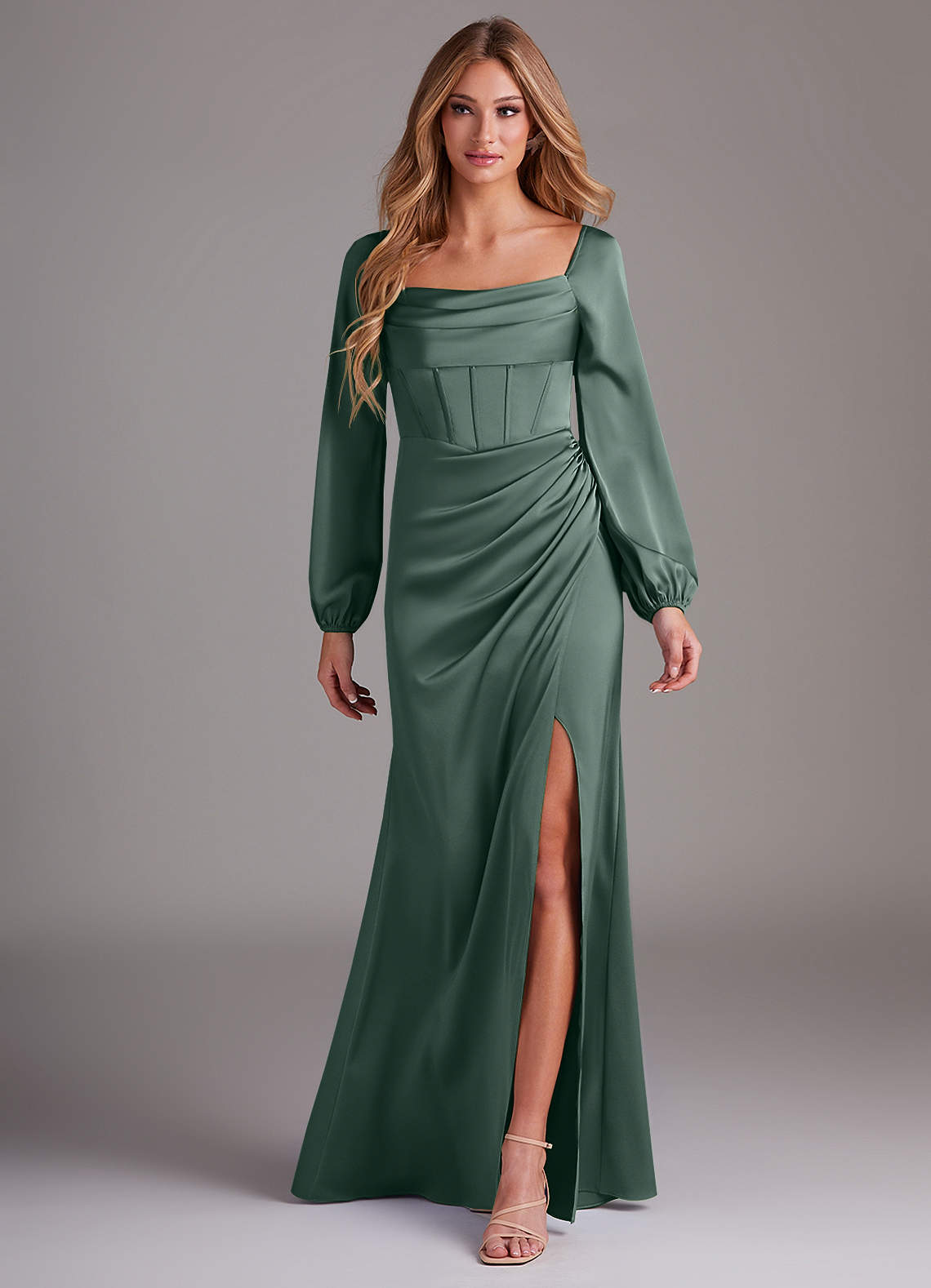 Azazie Charissa Bridesmaid Dresses Sea Moss Sheath Long Sleeve Stretch Satin Dress image1