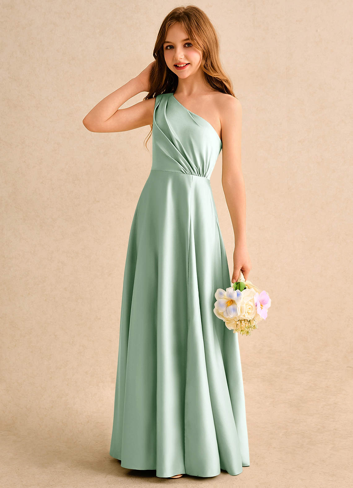 Azazie Puddles Girls Formal Jurken voor bloemenmeisjes A-Lijn Jurk van Mat Satijn One-shoulder Agave image5