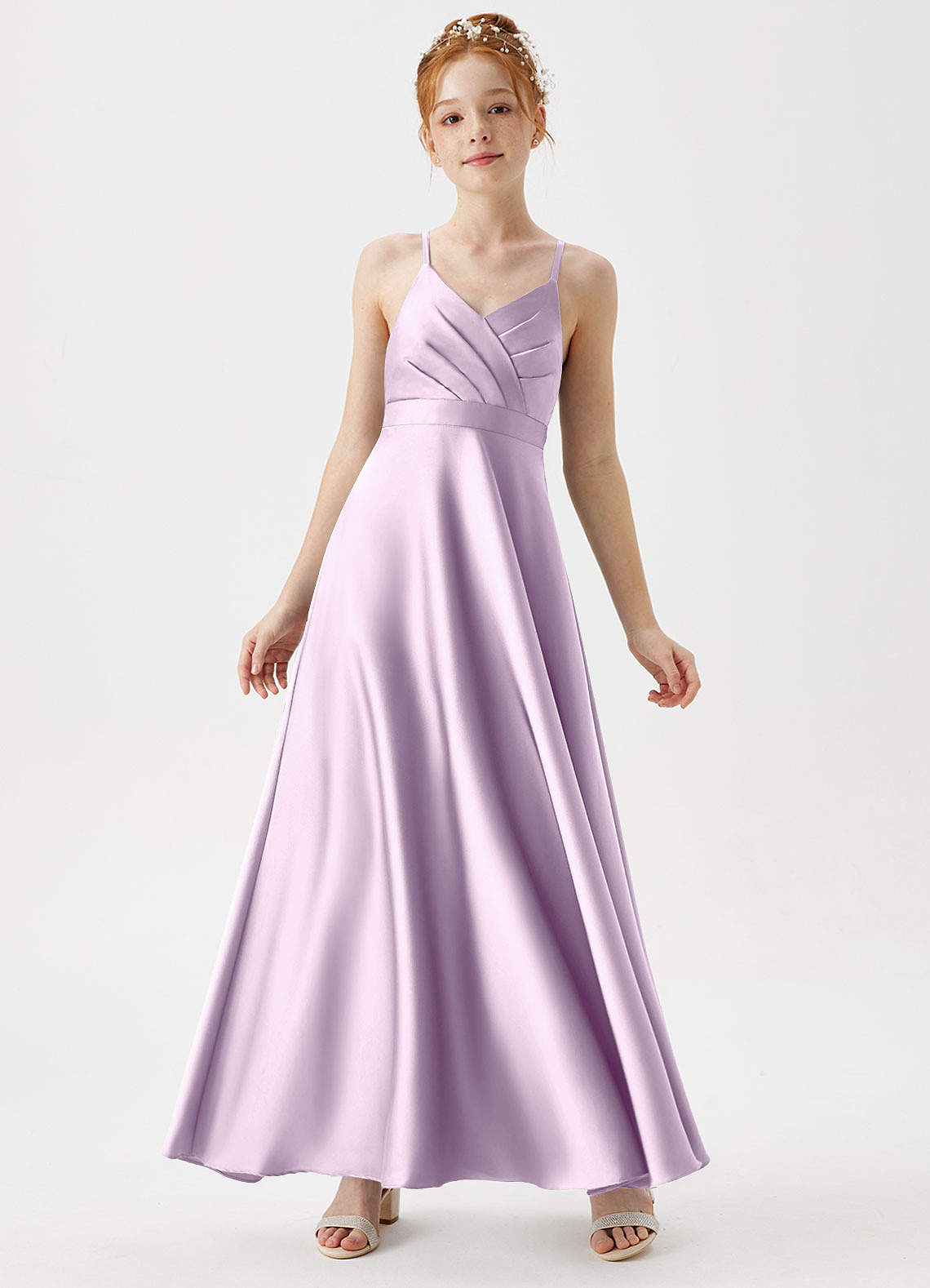 Azazie Avelina Junior Frosted Lilac A-Line Pleated Stretch Satin Dress image1