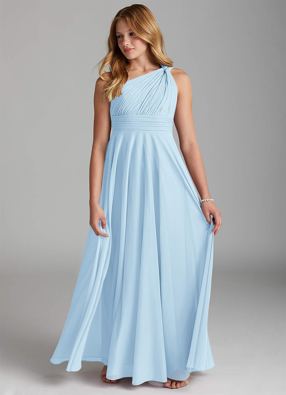 Azazie Charlize Junior Sky Blue A-Line Mesh Dress image3
