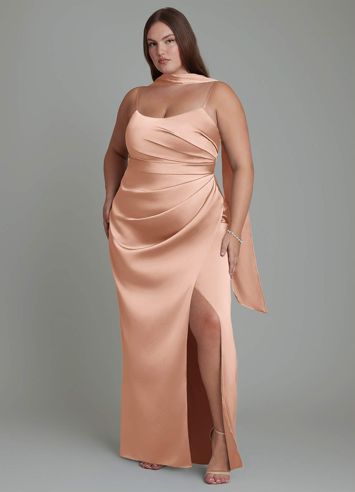 women rose gold bridesmaid dresses Azazie Sheath Scoop Neck Floor-Length Stretch Satin la dora