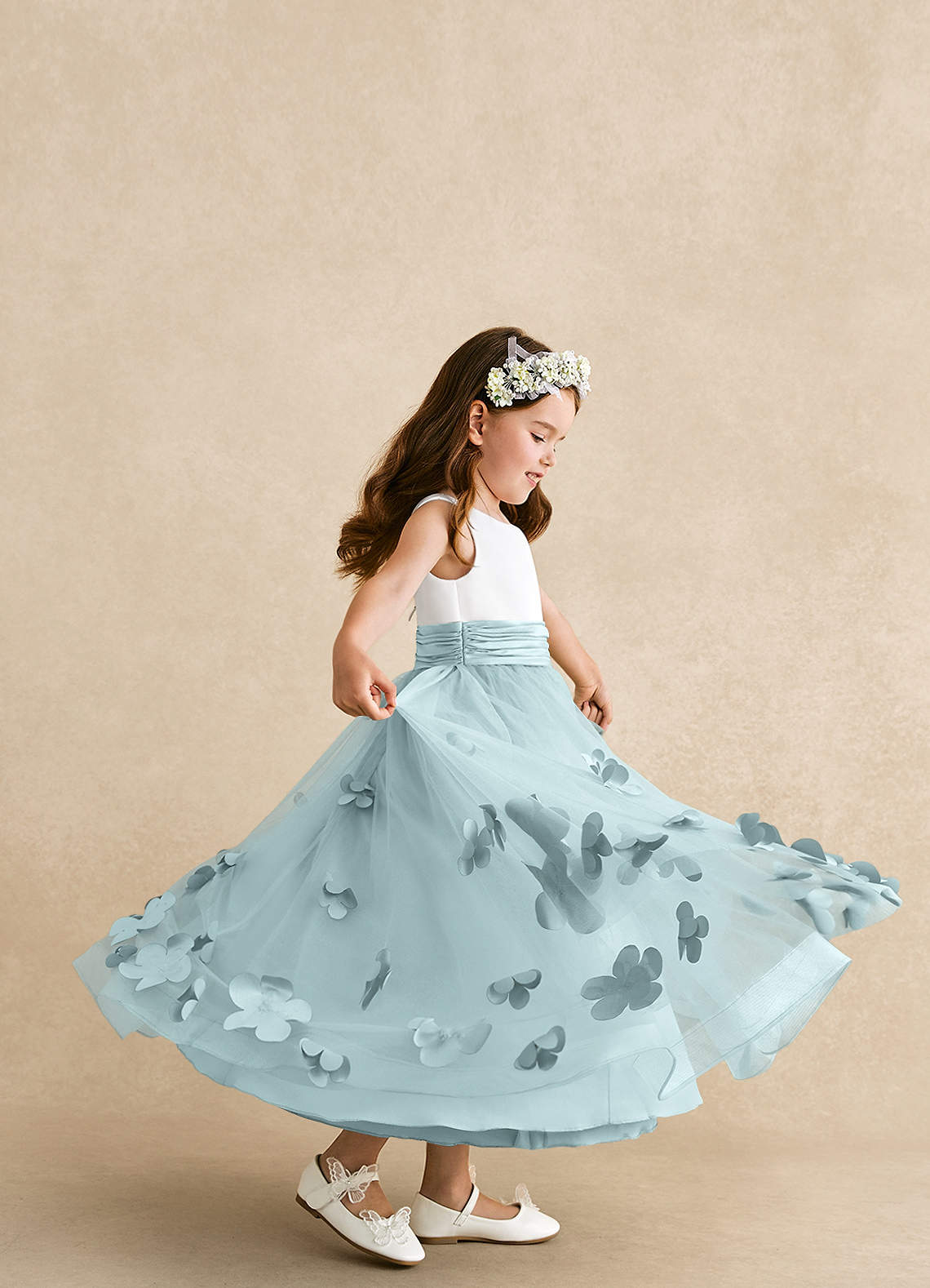 Azazie Vi Flower Girl Dresses Mist A-Line Sleeveless Tulle Dress image1