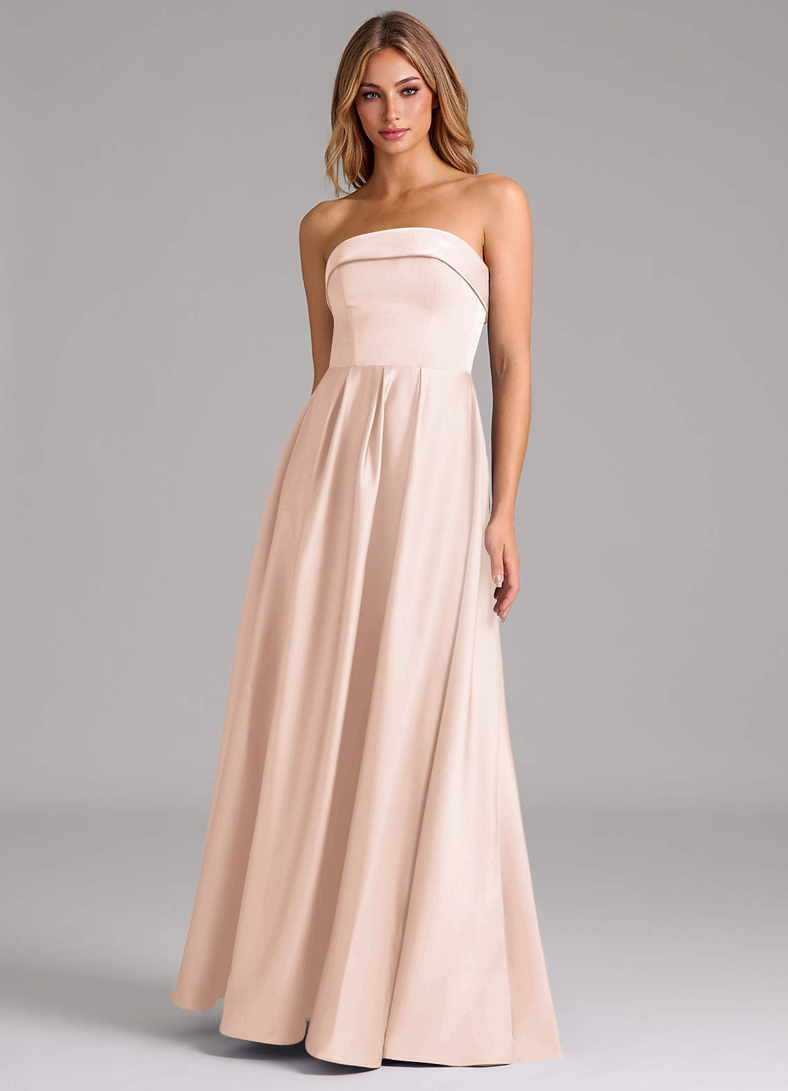 Azazie Lucienne Vestidos de damas de honor Vestido de Rosa Rubor de Satén Elástico de Corte en A Convertible con Sin tirantes image1