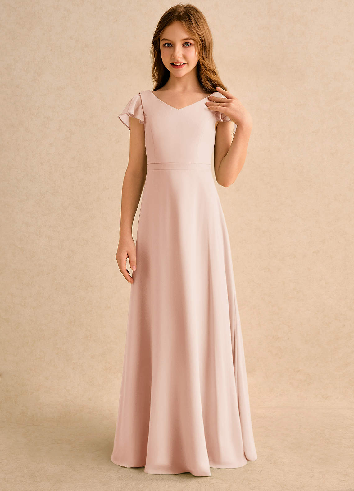 Azazie Nari Girls Formal Flower Girl Dresses English Rose A-Line with Sleeves Chiffon Dress image4