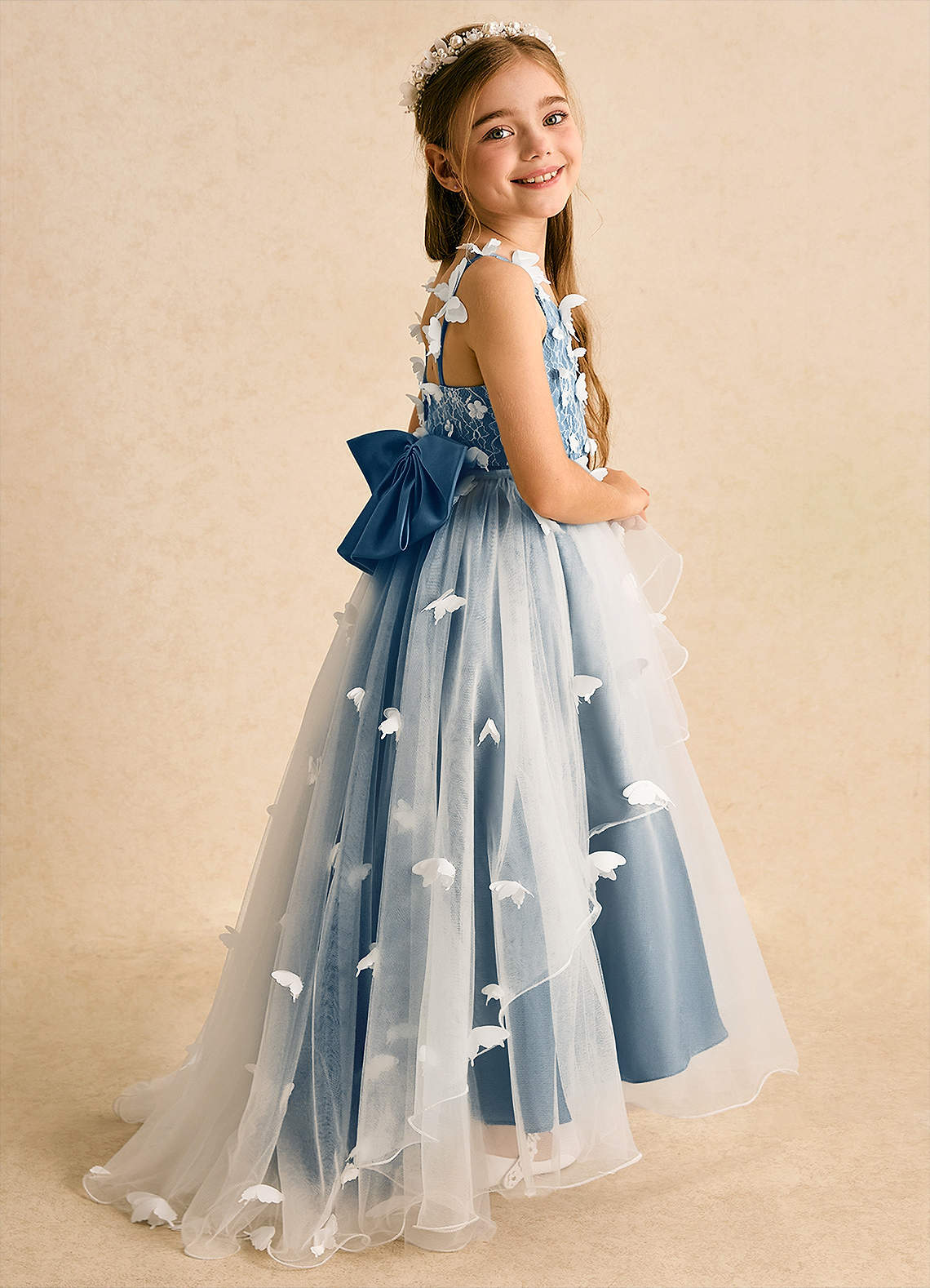 Azazie Darlina Robe Demoiselle D'honneur Fillette Robe Princesse en Tulle Dentelle Ivoire Bleu Bermudes image1