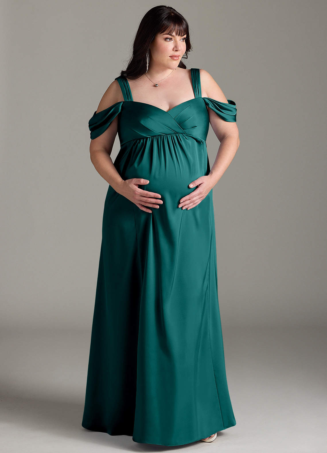 Azazie Rhea Maternity Bridesmaid Dresses A-Line Off-The-Shouler Pleated Stretch Satin Floor-Length Dress image1