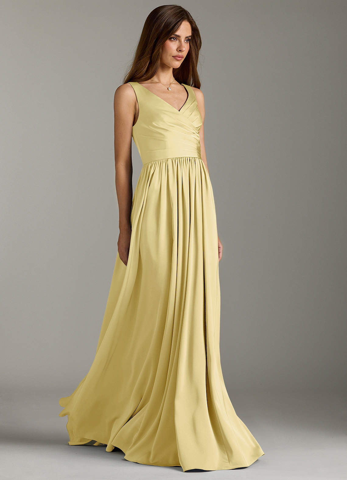 Azazie Keyla Bridesmaid Dresses Lemon Sorbet A-Line Pleated Stretch Satin Dress image1