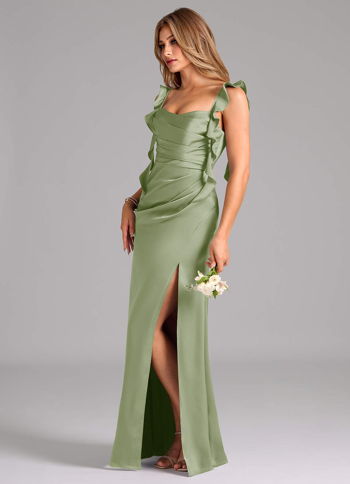 Azazie Jessamine Bridesmaid Dresses Dusty Sage Sheath Corset Stretch Satin Dress image4