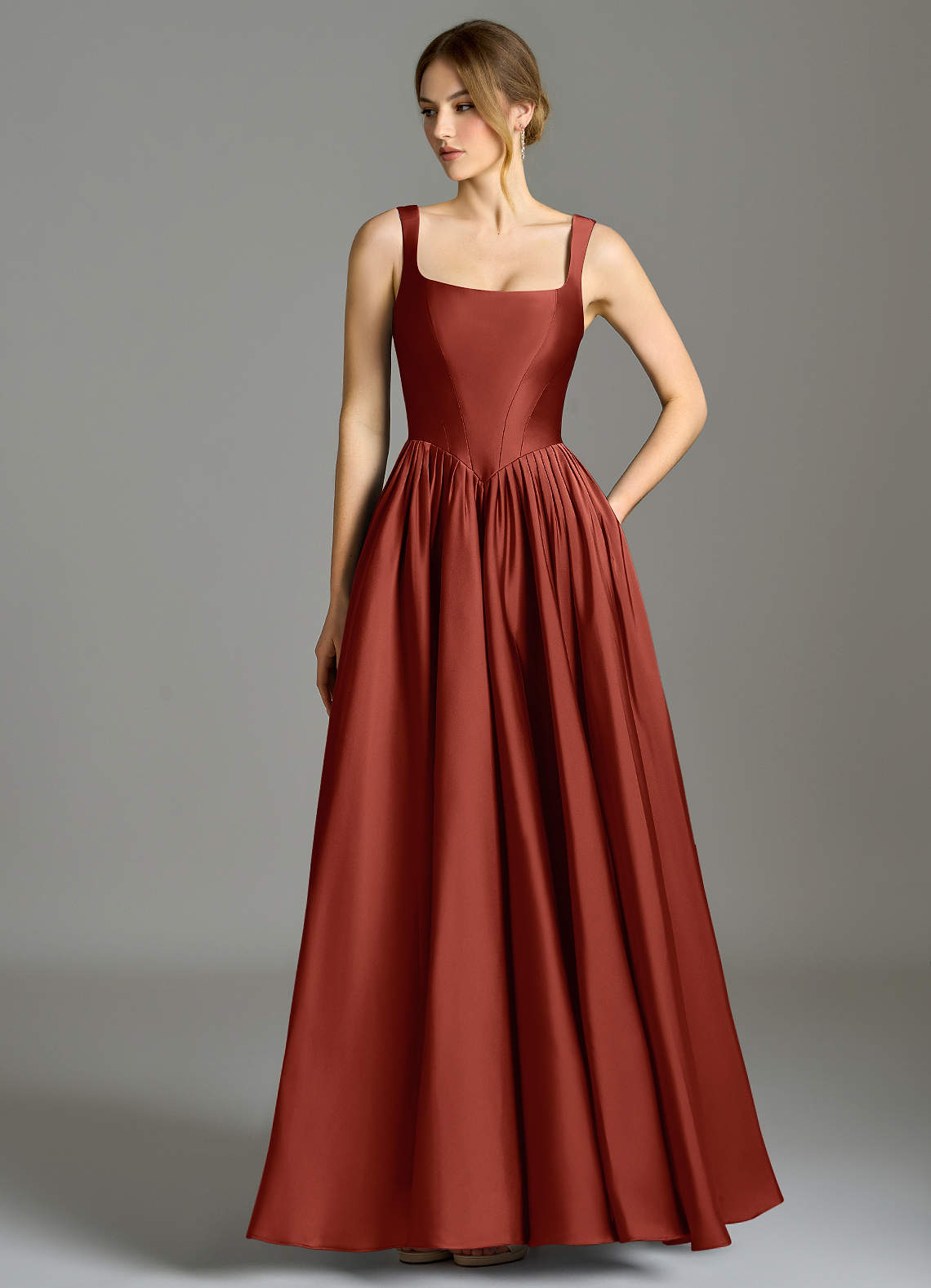 terracotta satin dress Shiny V-Neck Maxi Sleeveless Back Terracotta Dress Formal Strapless Sheath/Column