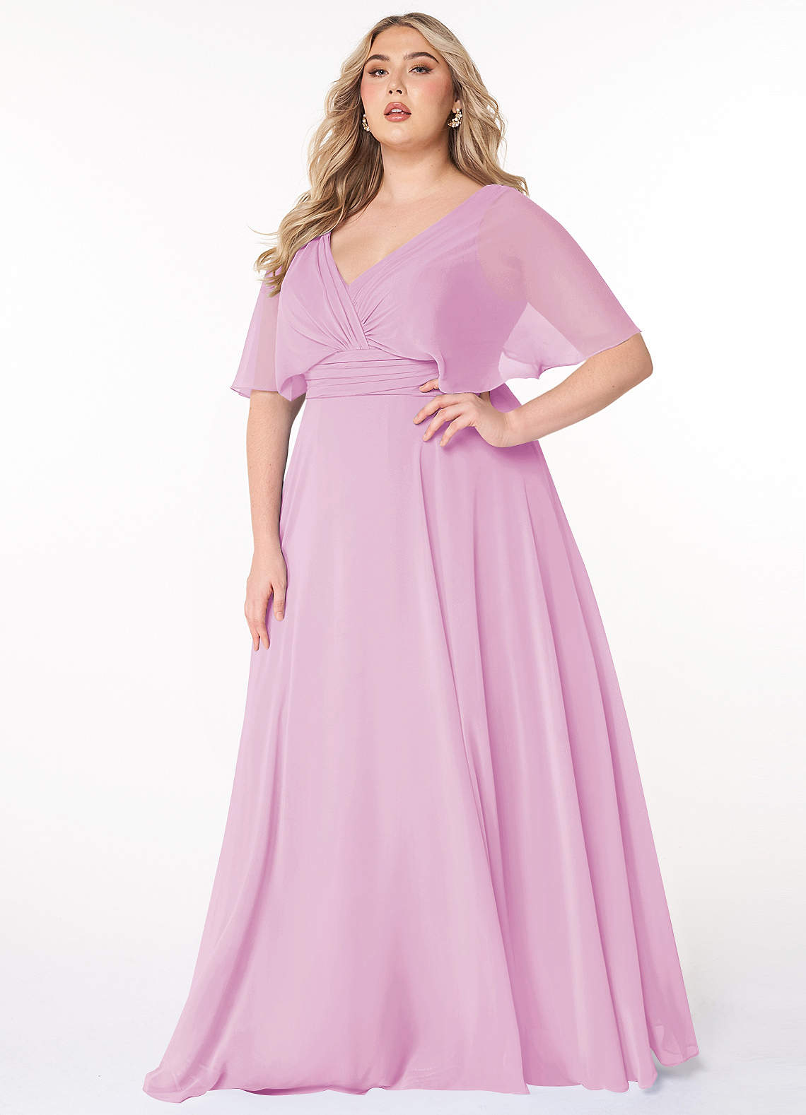 Azazie Pamela Robes de demoiselle d'honneur Robe Trapèze en Mousseline de soie Col V plissé Rose Bonbon image1