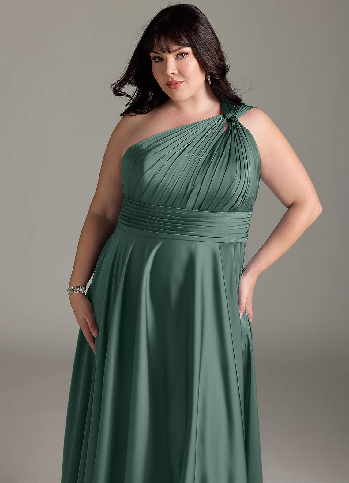 Azazie Charlize Bridesmaid Dresses Eucalyptus A-Line One Shoulder Stretch Satin Dress image13