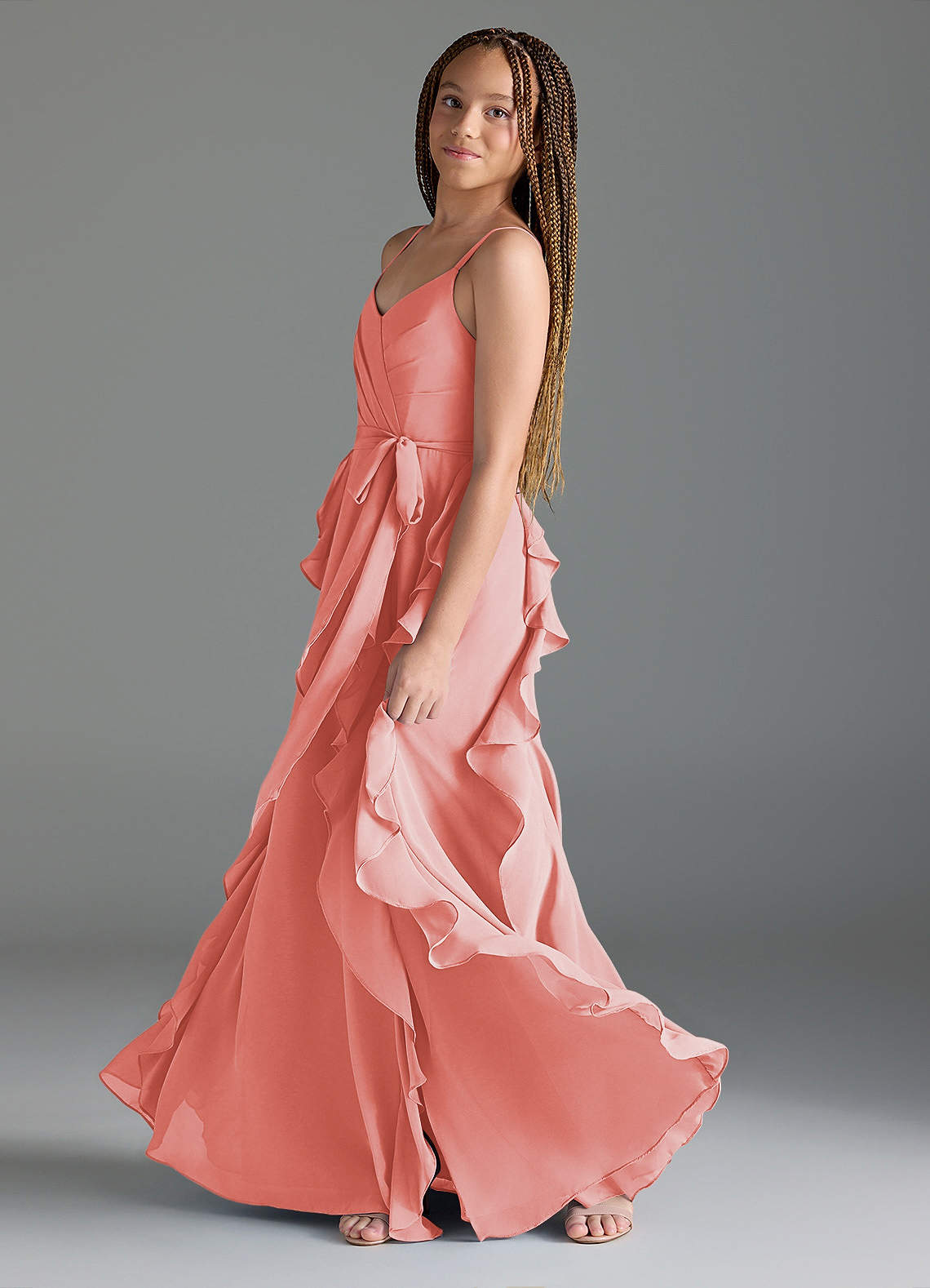 Azazie Peyton Junior Vestido Coral de Chiffon de Linha A com Plissado image3