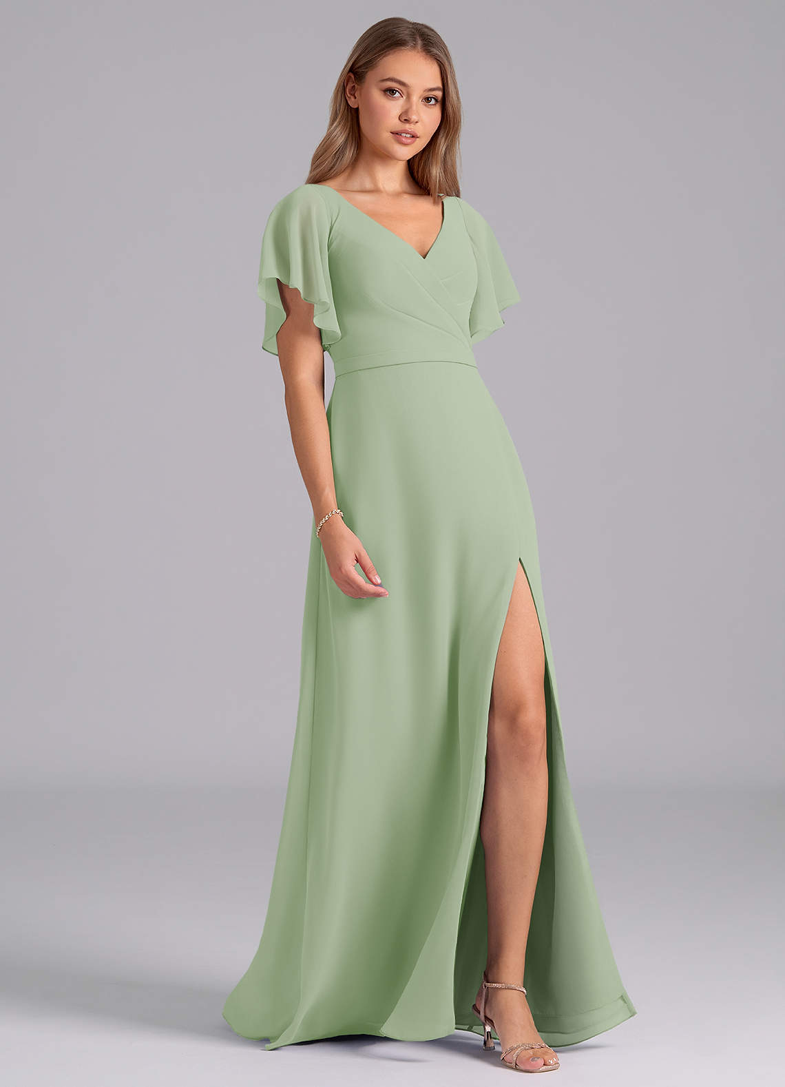 Azazie Ambrosia Bridesmaid Dresses Dusty Sage A-Line Pleated Chiffon Dress image4