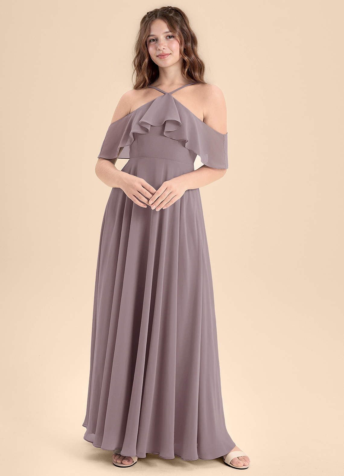 Azazie Tessabelle Junior Jurk van Chiffon met A-Lijn Off the Shoulder Schemering image1