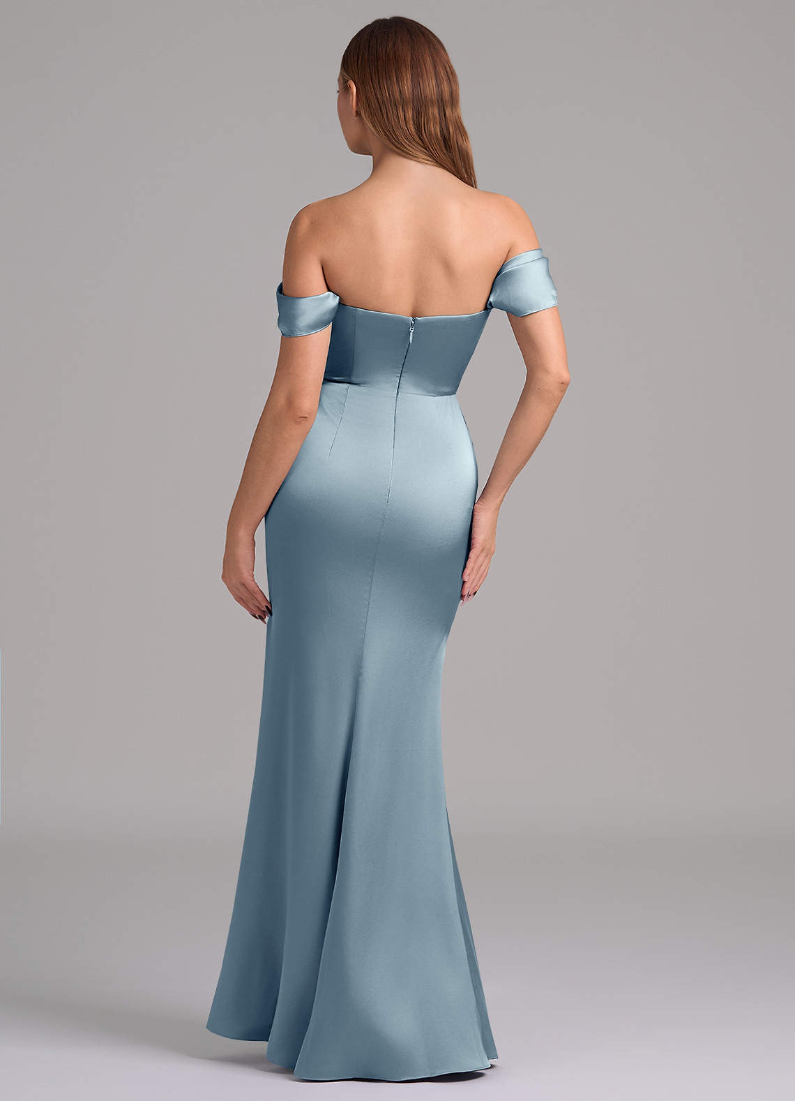 Azazie Miley Vestidos de madrinha de casamento Vestido Azul Empoeirado de Cetim elástico de sereia com Fora do ombro image6