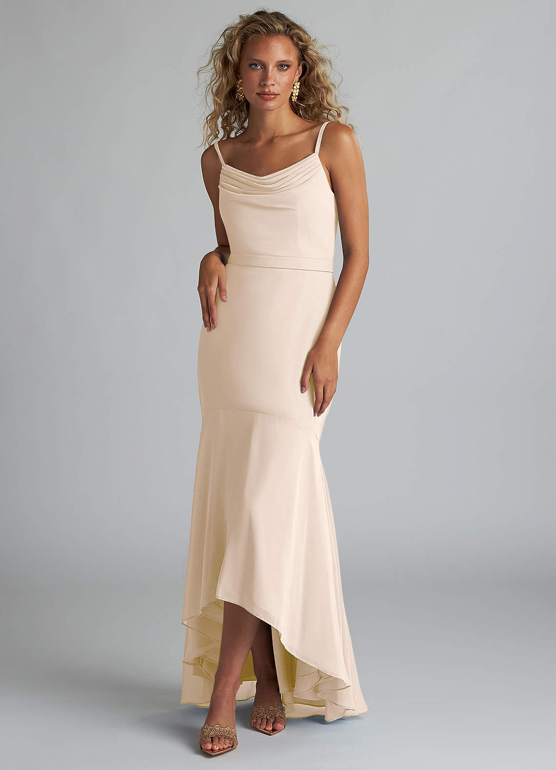 Azazie Summer Bridesmaid Dresses White Alabaster Mermaid Scoop Cowl Chiffon Dress image1