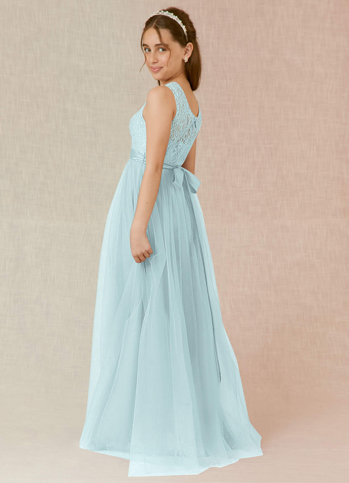 Azazie Georgette Junior Robe Trapèze en Tulle Dentelle Brume image1