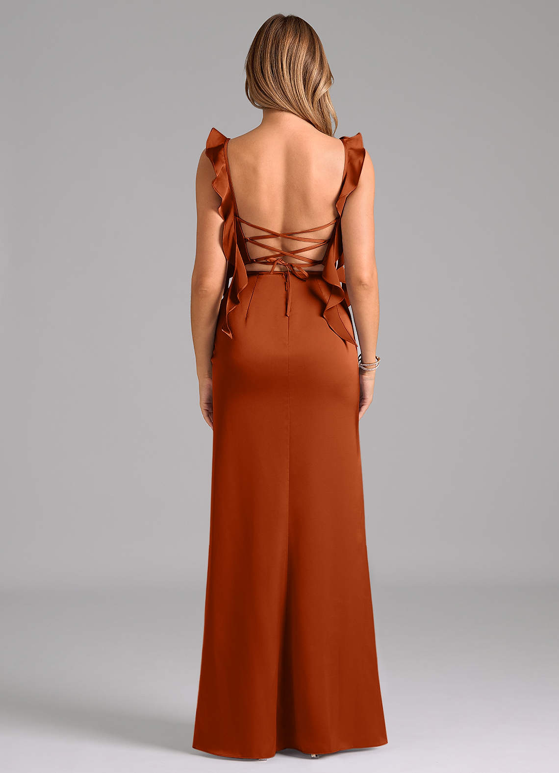 Azazie Jessamine Bridesmaid Dresses Burnt Orange Sheath Corset Stretch Satin Dress image5