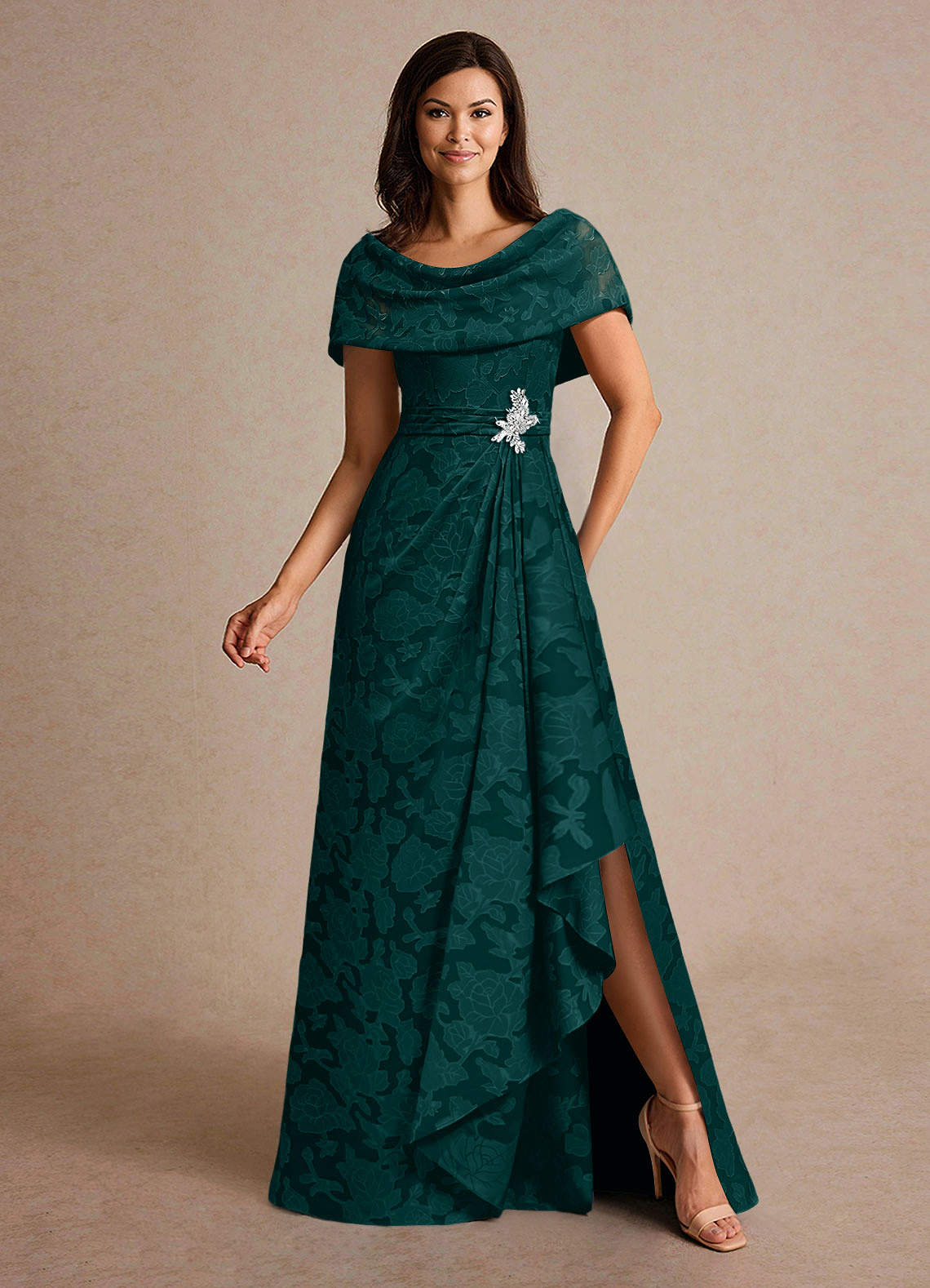 Azazie Branford Mother of the Bride Dresses Pine A-Line Pleated Floral Burnout Dress image3