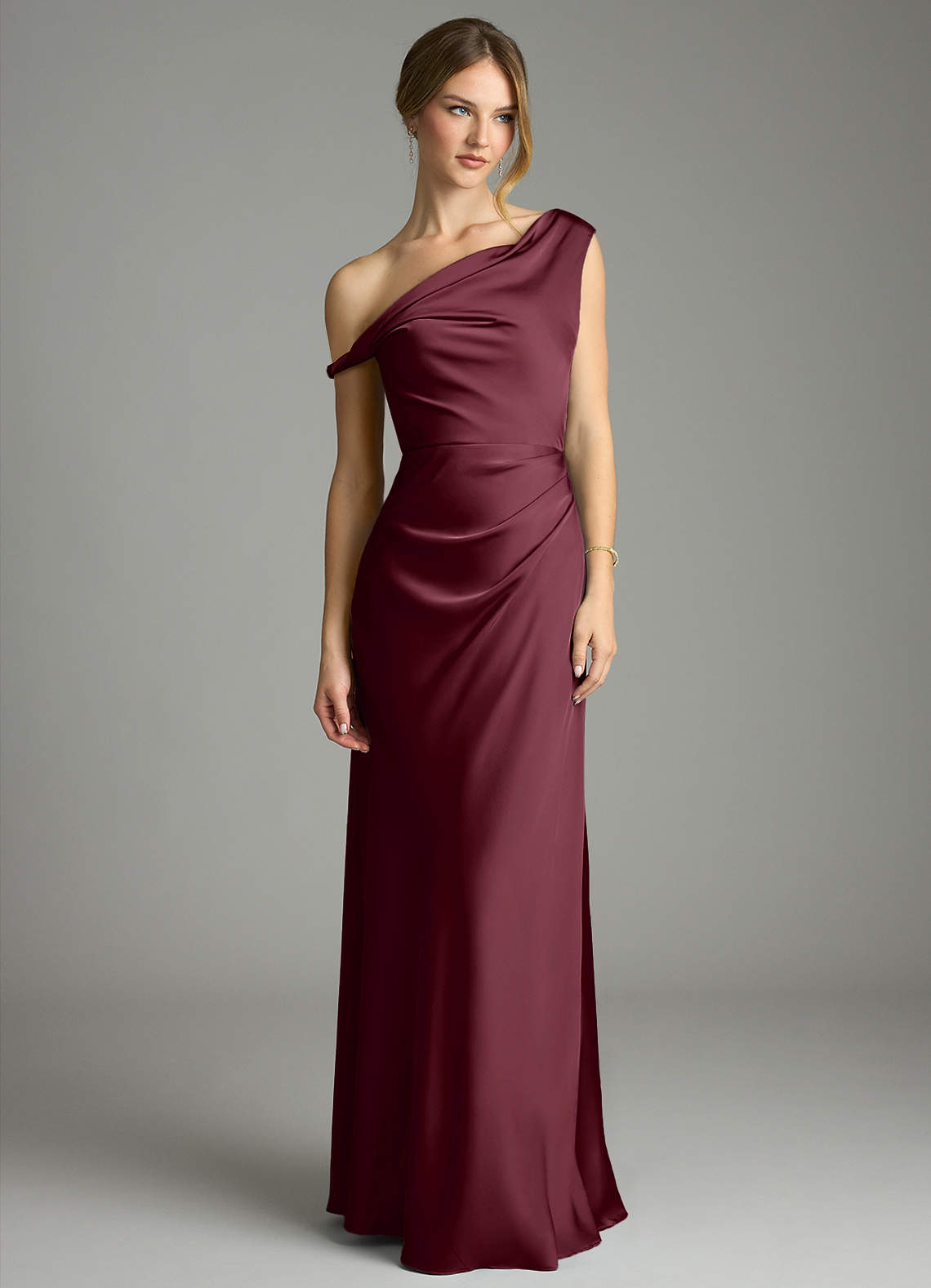 Azazie Emerson Bridesmaid Dresses Cabernet Mermaid Off the Shoulder Stretch Satin Dress image3