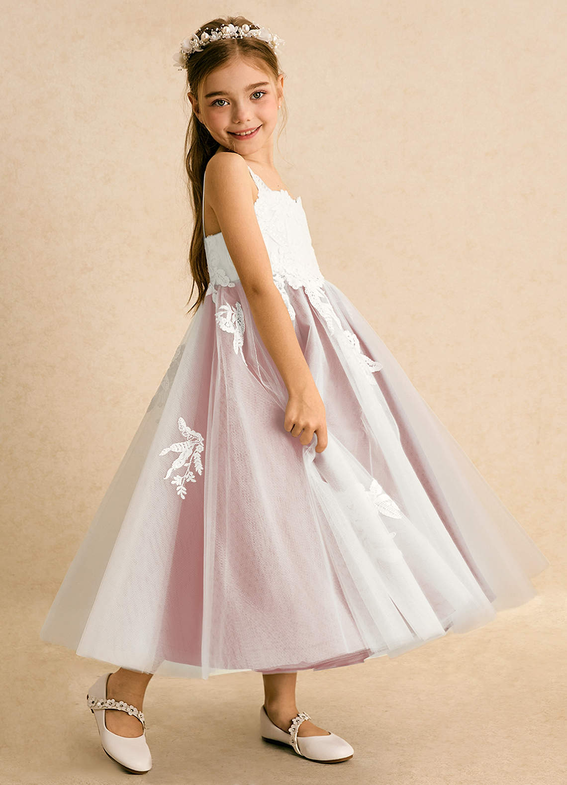 Azazie Coraline vestidos de niña de las flores Vestido de Marfil Oro Rosa de Encaje de Corte en A image4