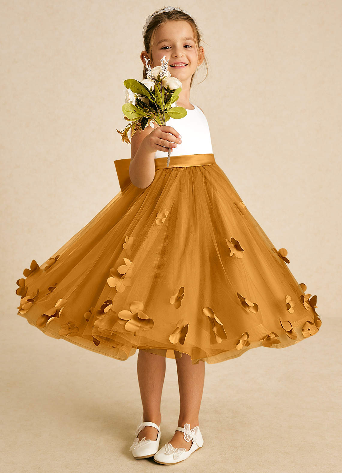 Azazie Sprout Flower Girl Dresses Butterscotch A-Line Bow Tulle Dress image1