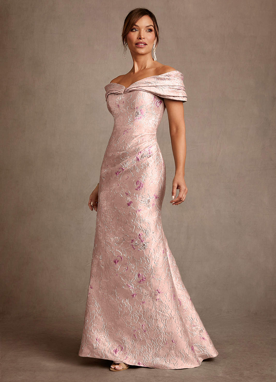 Azazie Adrian Coral Jacquard Sheath Off the Shoulder Floral