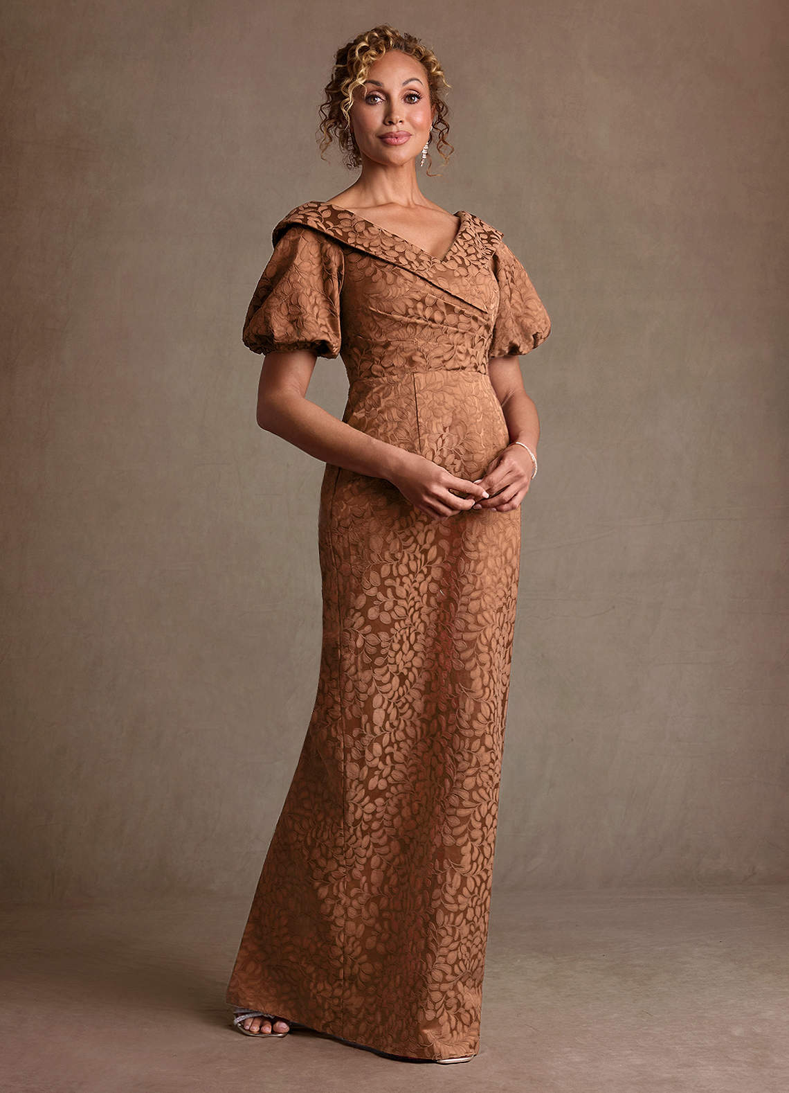 Azazie Amala Caramel Cocoa Column Pleated Floral Jacquard Dress