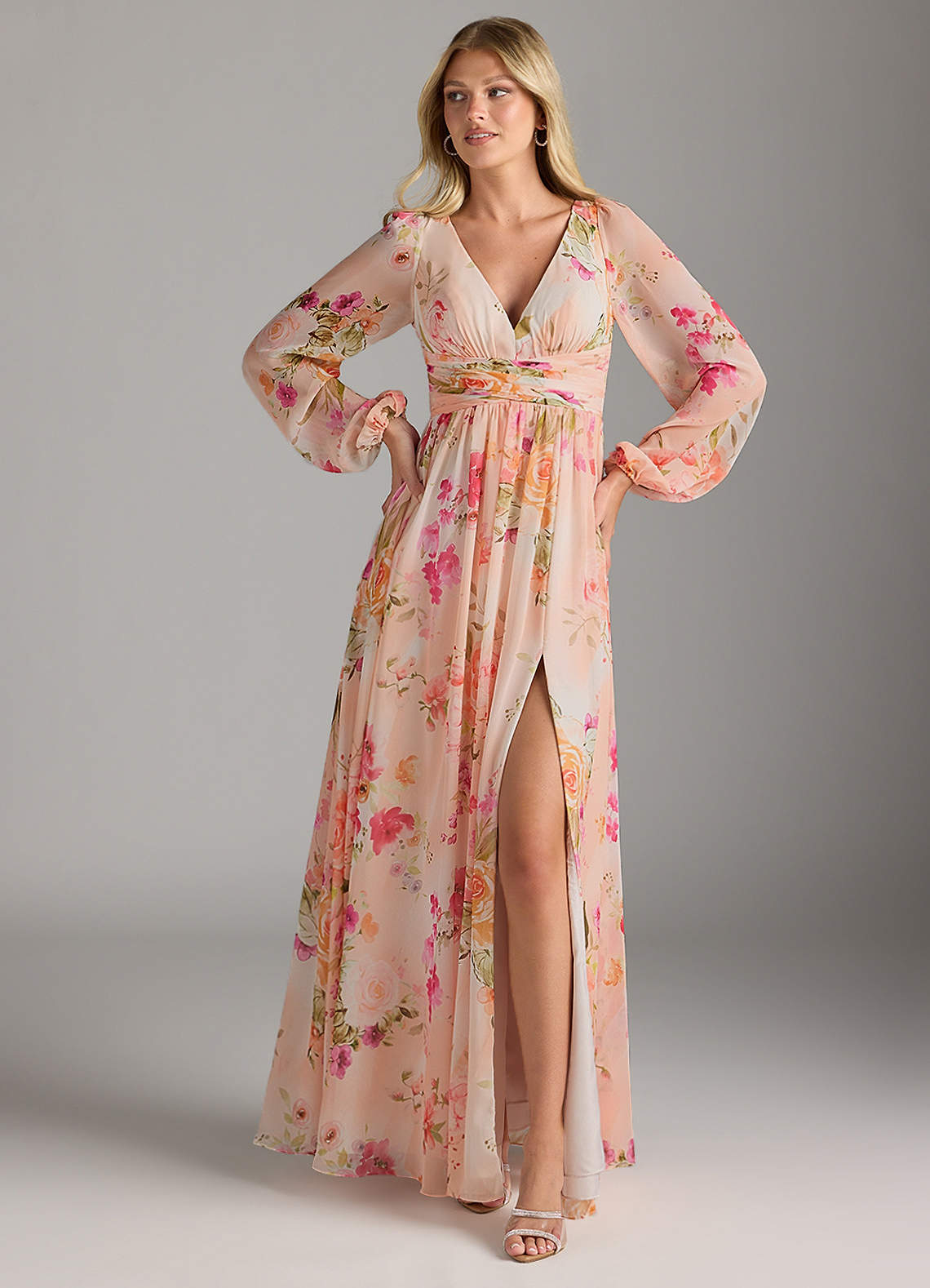 Azazie Norah Bridesmaid Dresses Abstract Bouquet Floral A-Line V-Neck Long Sleeve Chiffon Dress image1