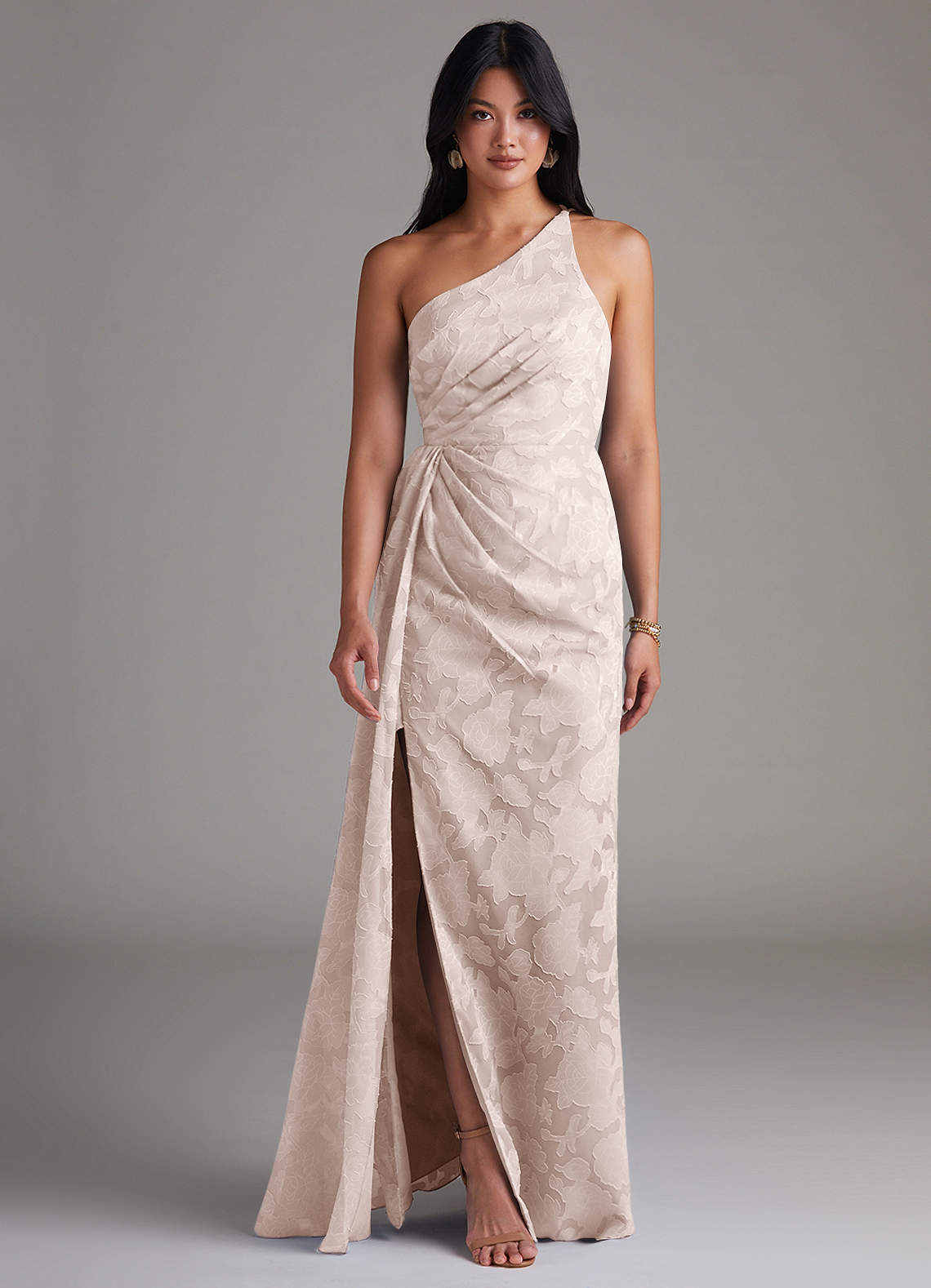 Azazie Mika Bridesmaid Dresses Blushing Pink Sheath One Shoulder Floral Burnout Dress image1