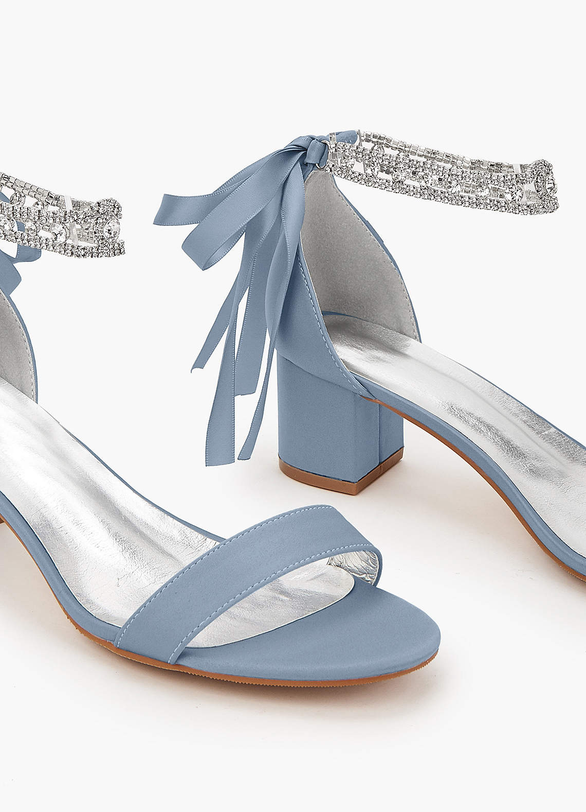 front Matching Color Matte Satin Rhinestone Strap Block Heel Sandals