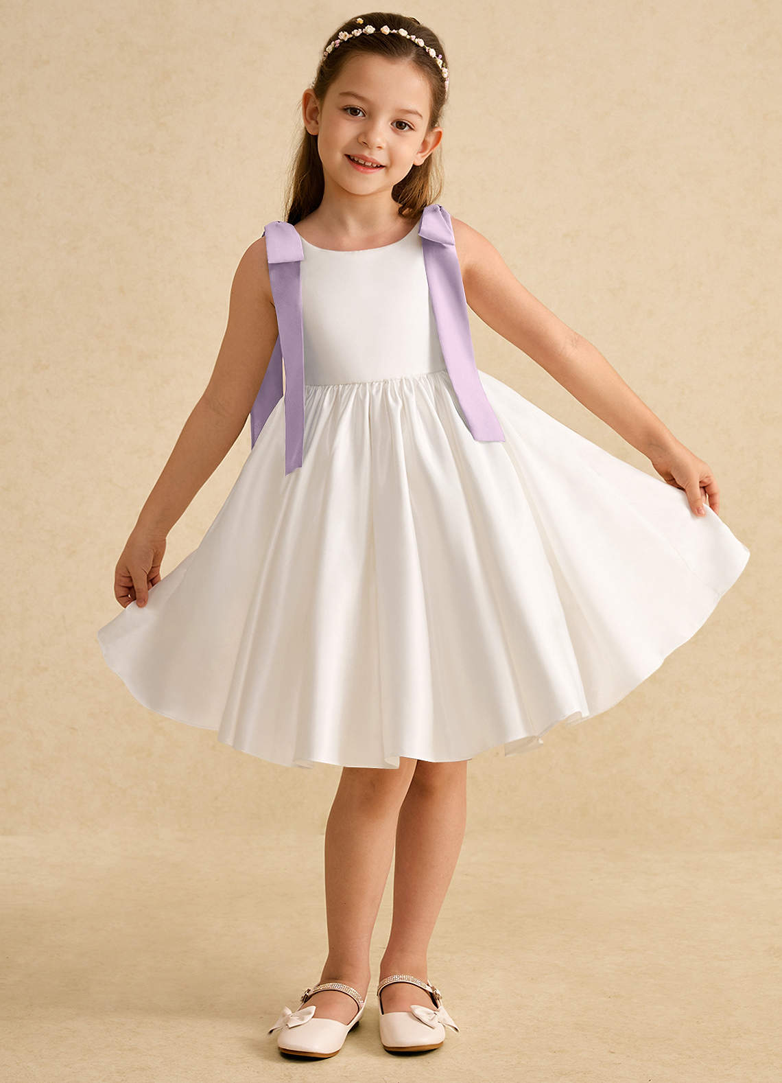 Azazie Stacie Flower Girl Dresses Ivory Frosted Lilac A-Line Bow Matte Satin Dress image1