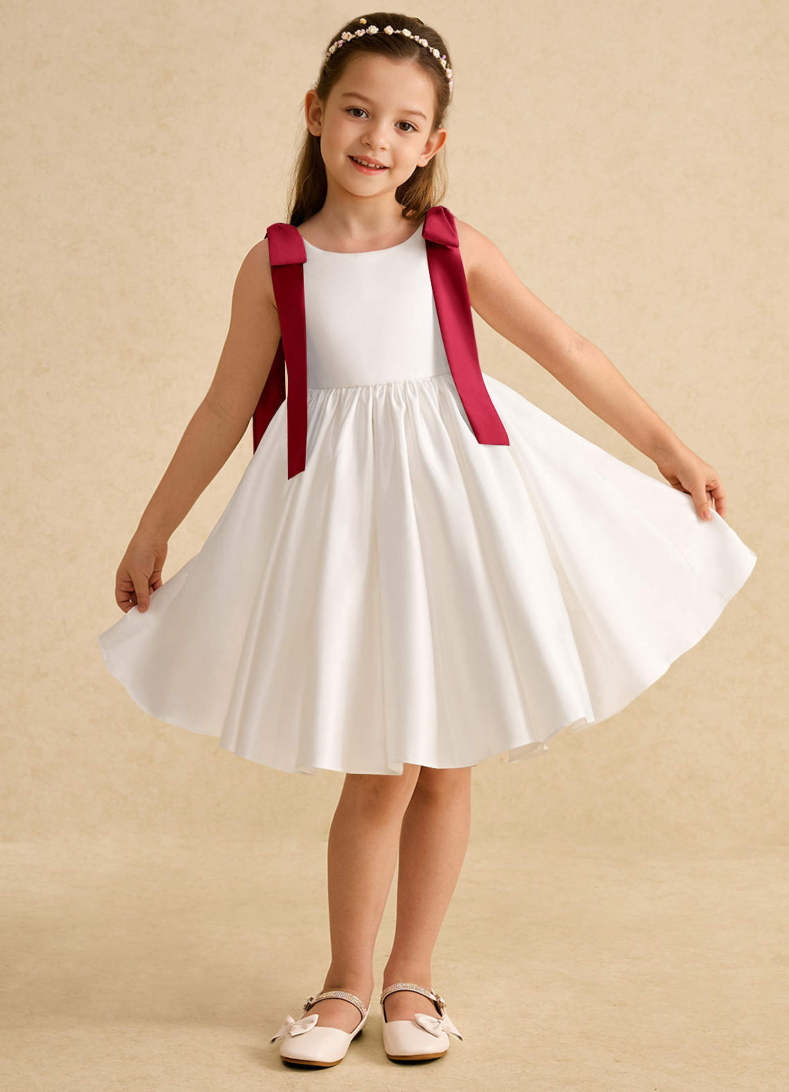Azazie Stacie Flower Girl Dresses Ivory Scarlet A-Line Bow Matte Satin Dress image1