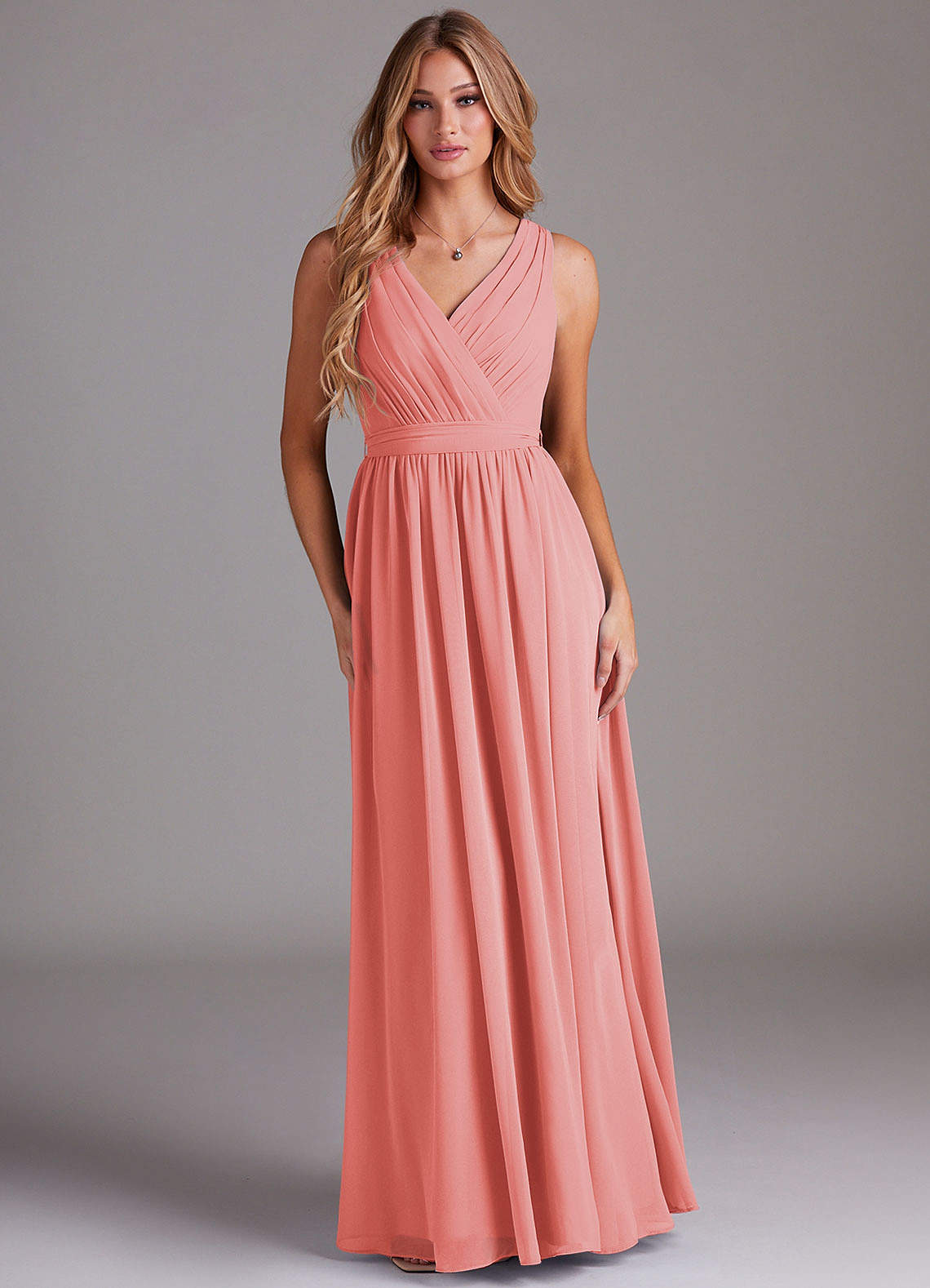 Azazie Kingsley Bridesmaid Dresses Coral A-Line Lace Chiffon Dress image1