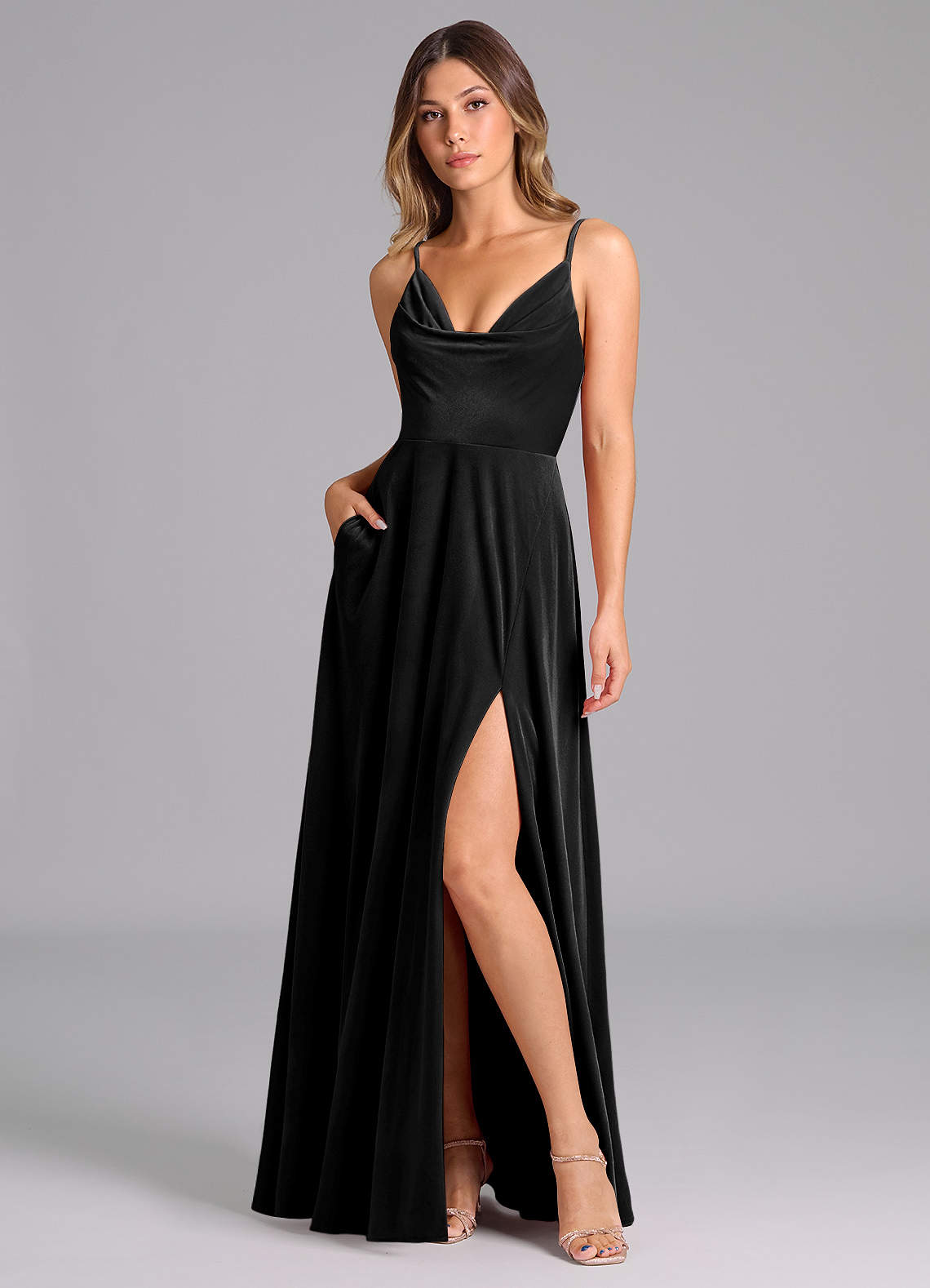 Azazie Sarella Bridesmaid Dresses Black A-Line Pleated Velvet Dress image1